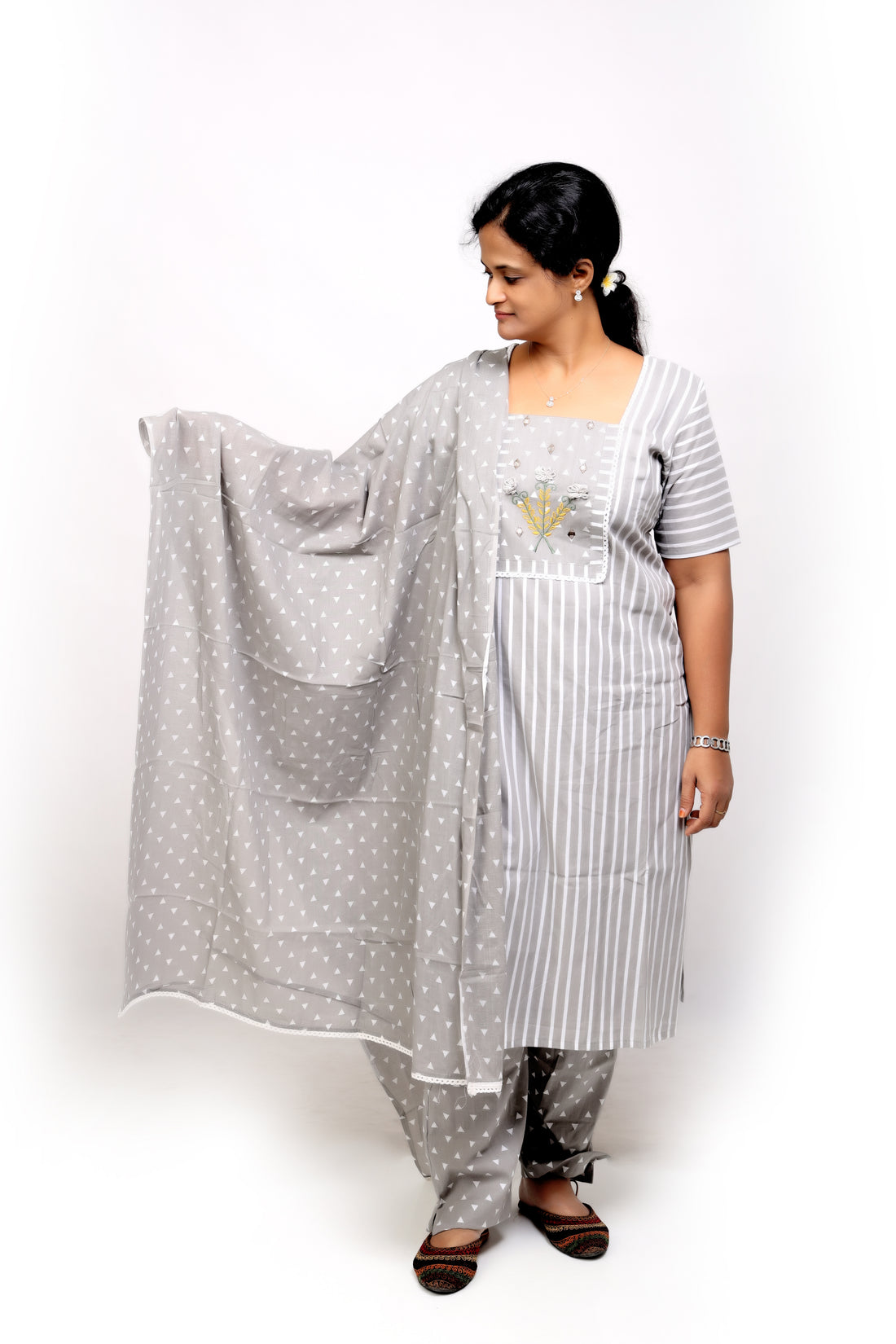Grey Cotton Striped Salwar Set