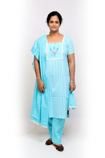 Turquoise Blue Cotton Striped Salwar Set
