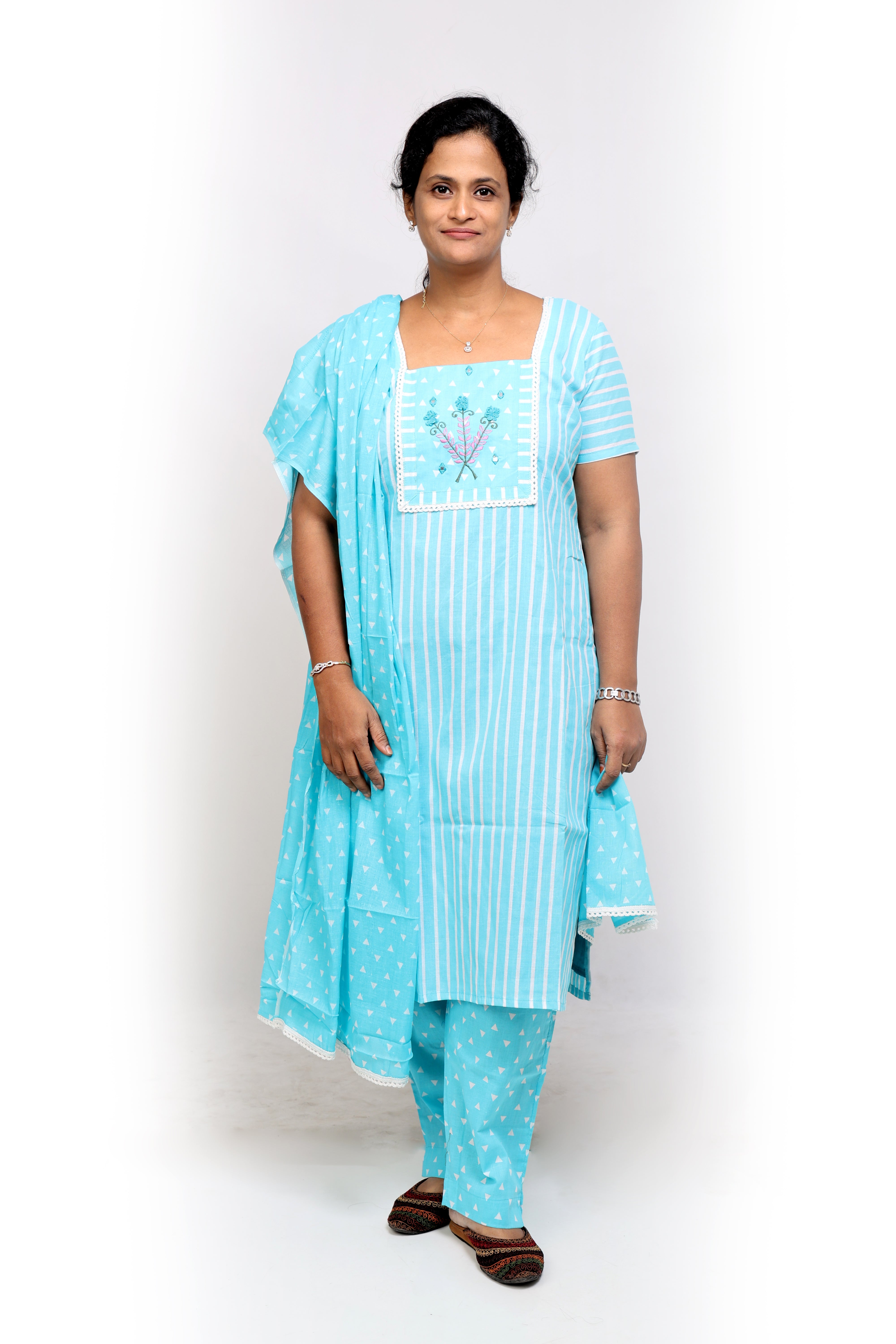Turquoise Blue Cotton Striped Salwar Set