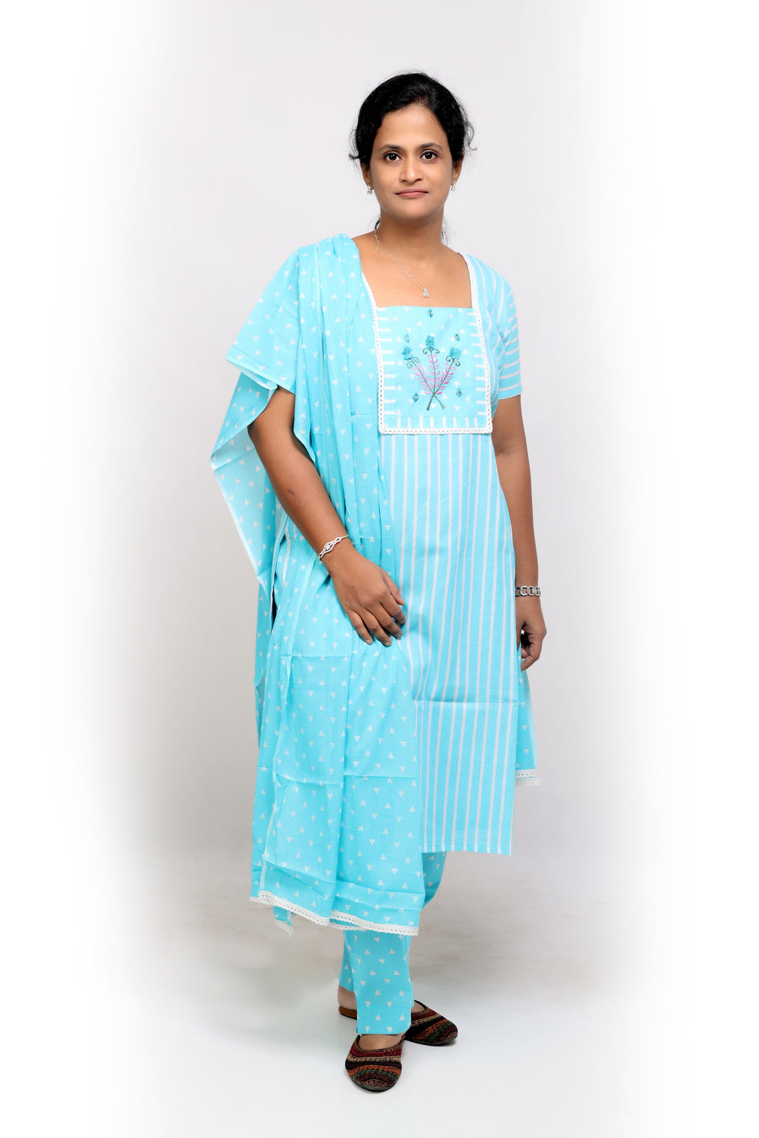 Turquoise Blue Cotton Striped Salwar Set