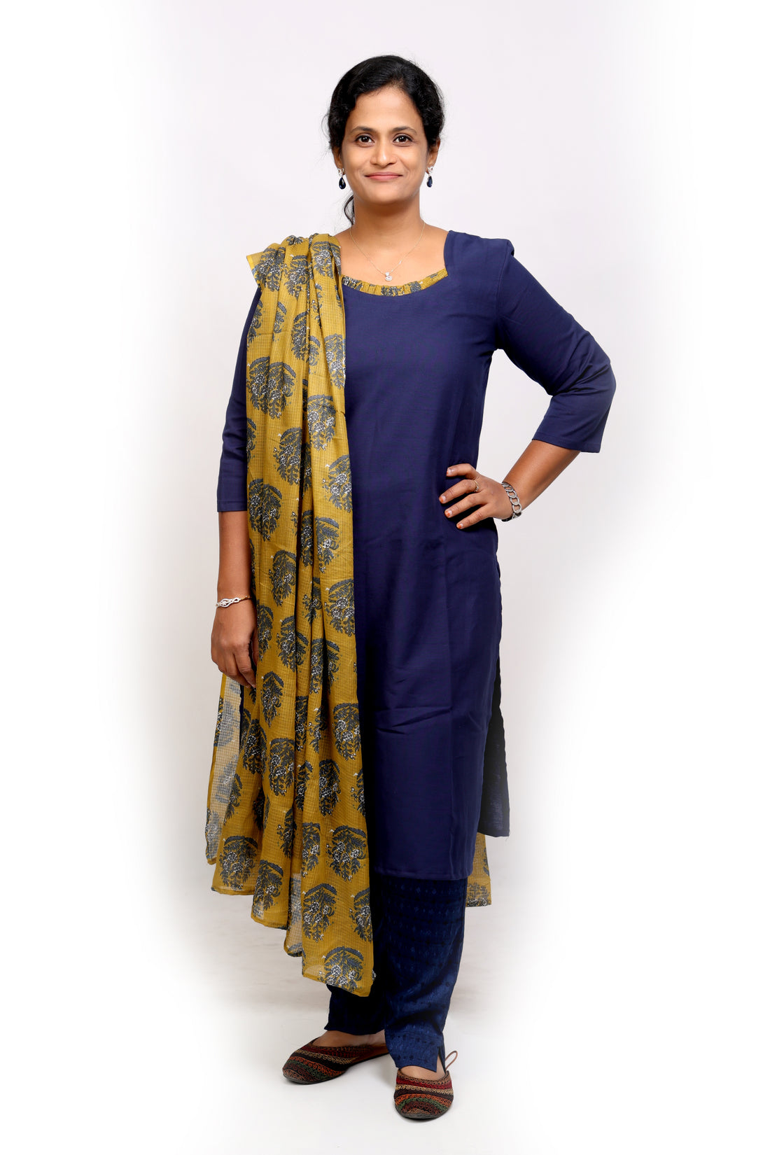 Blue Cotton Kurta with Beige Kota Dupatta