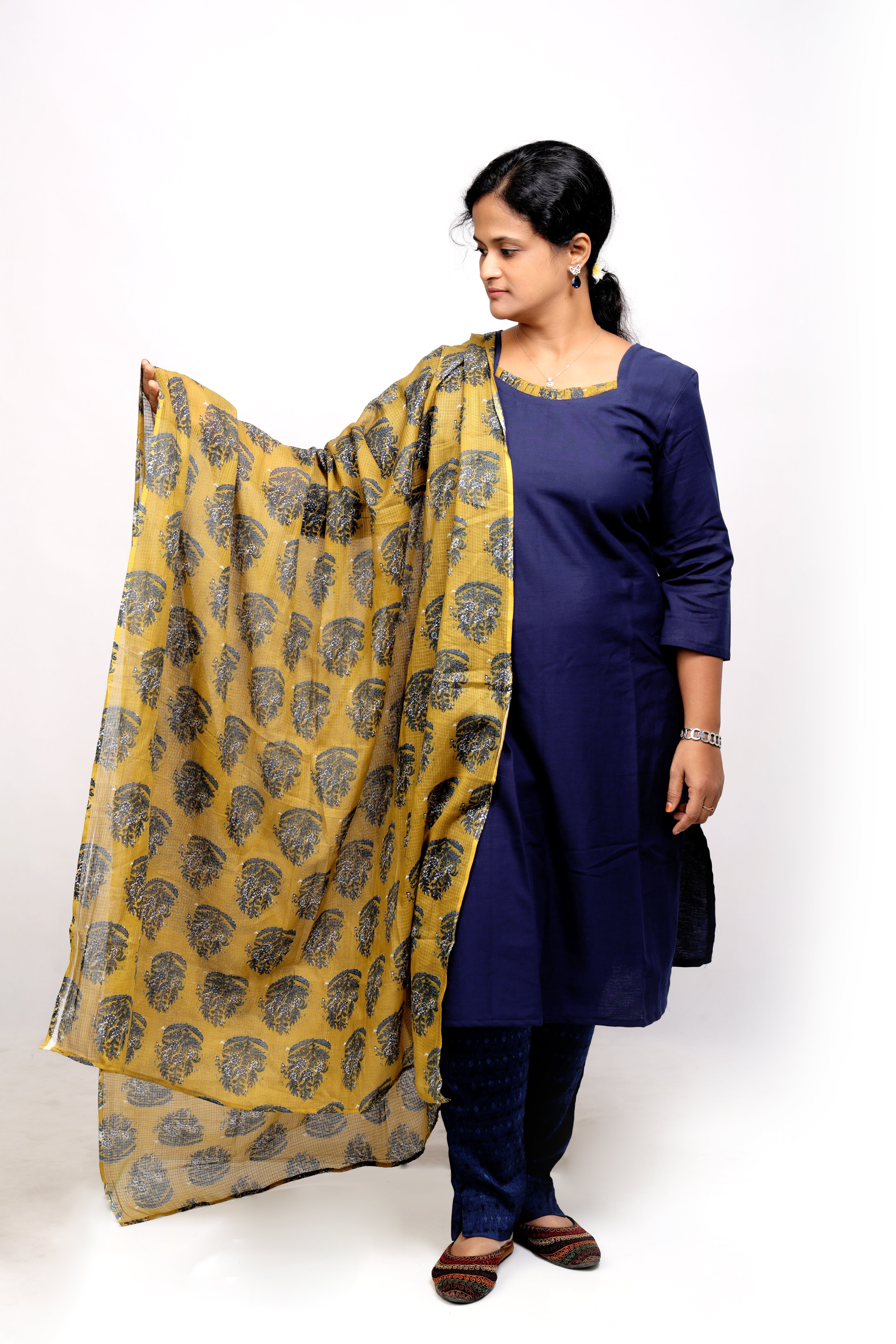 Blue Cotton Kurta with Beige Kota Dupatta