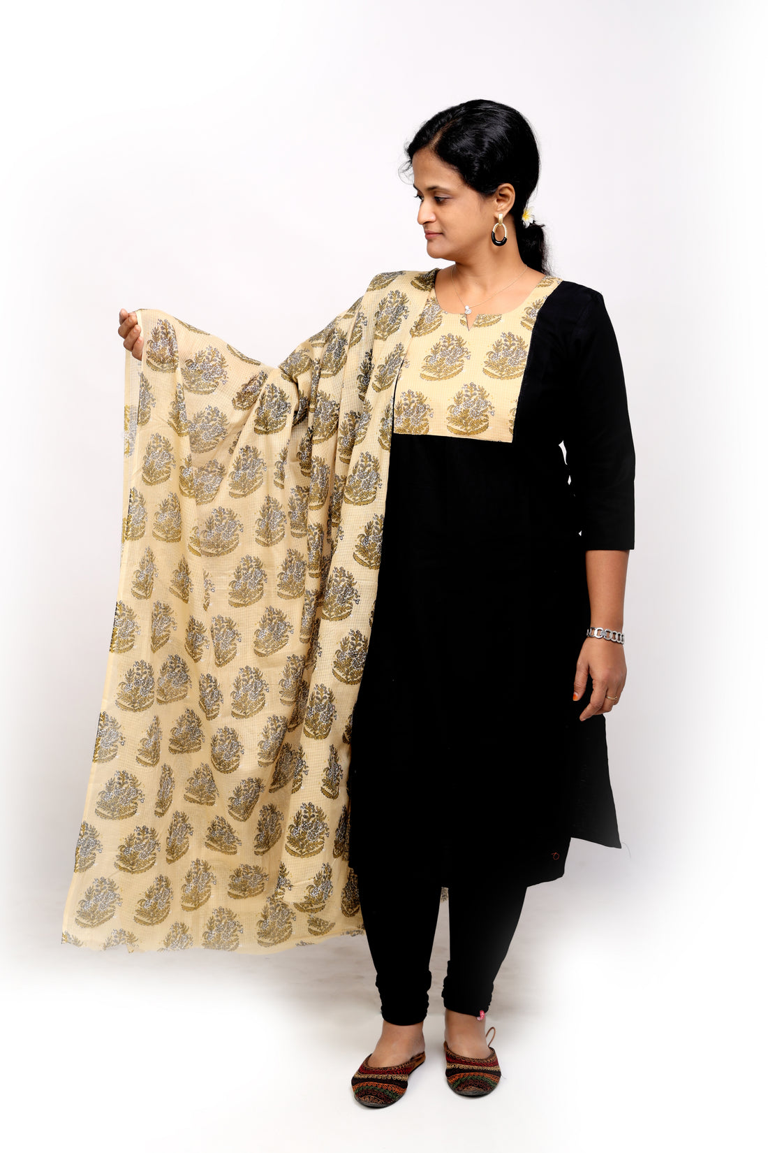 Black Cotton Kurta with Beige Kota Dupatta