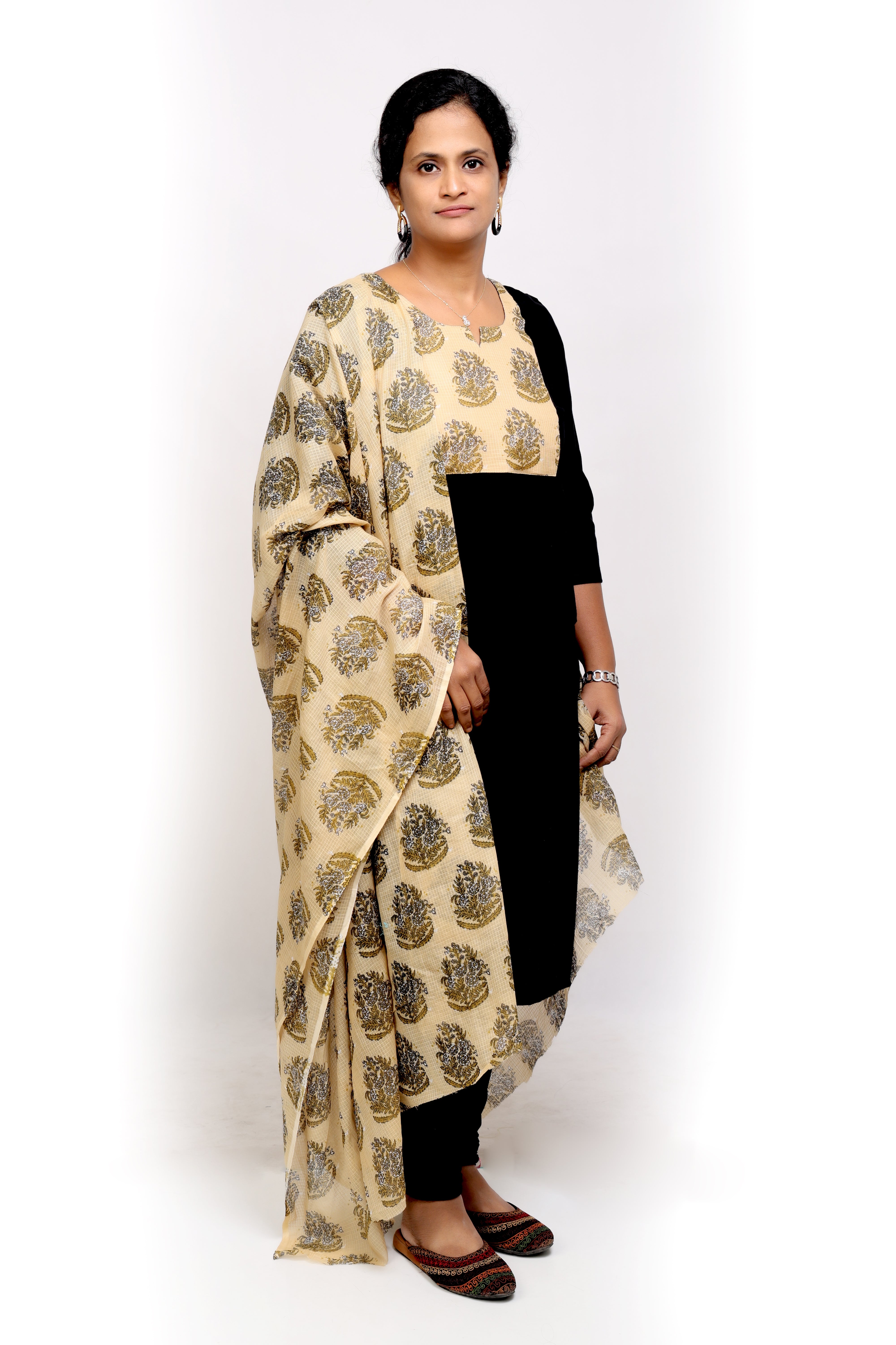 Black Cotton Kurta with Beige Kota Dupatta