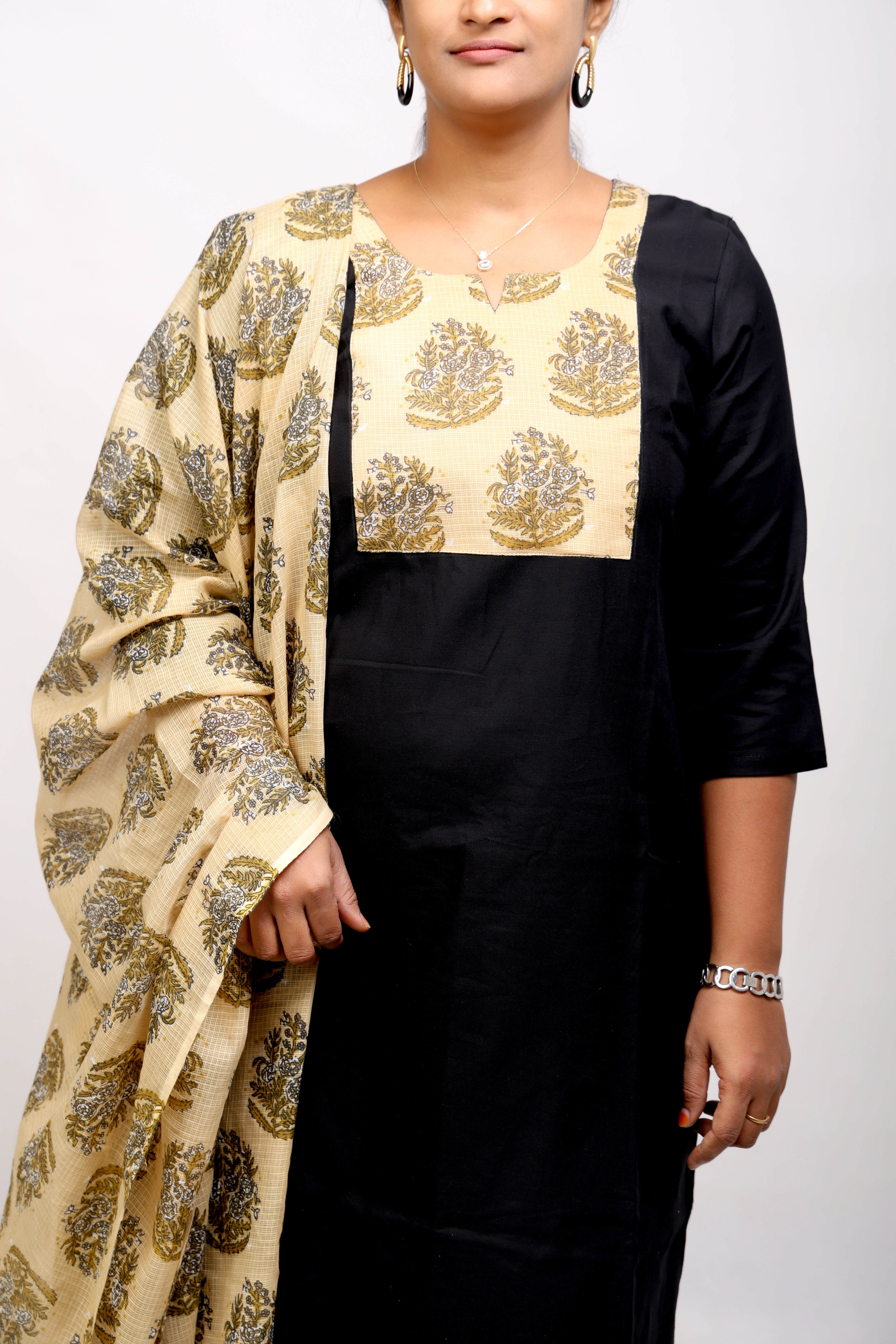 Black Cotton Kurta with Beige Kota Dupatta