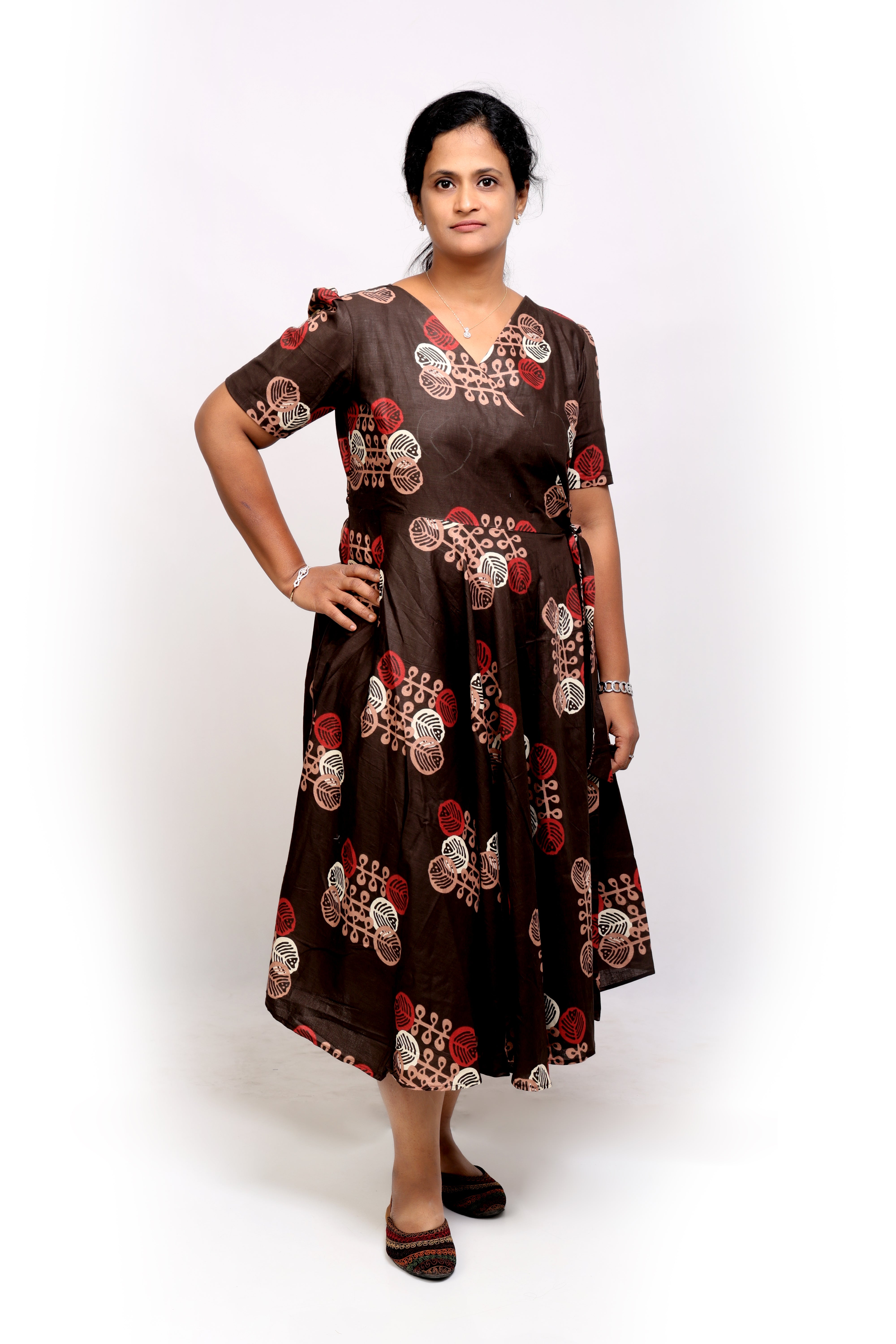 Coffee Brown Printed Wrap Dress