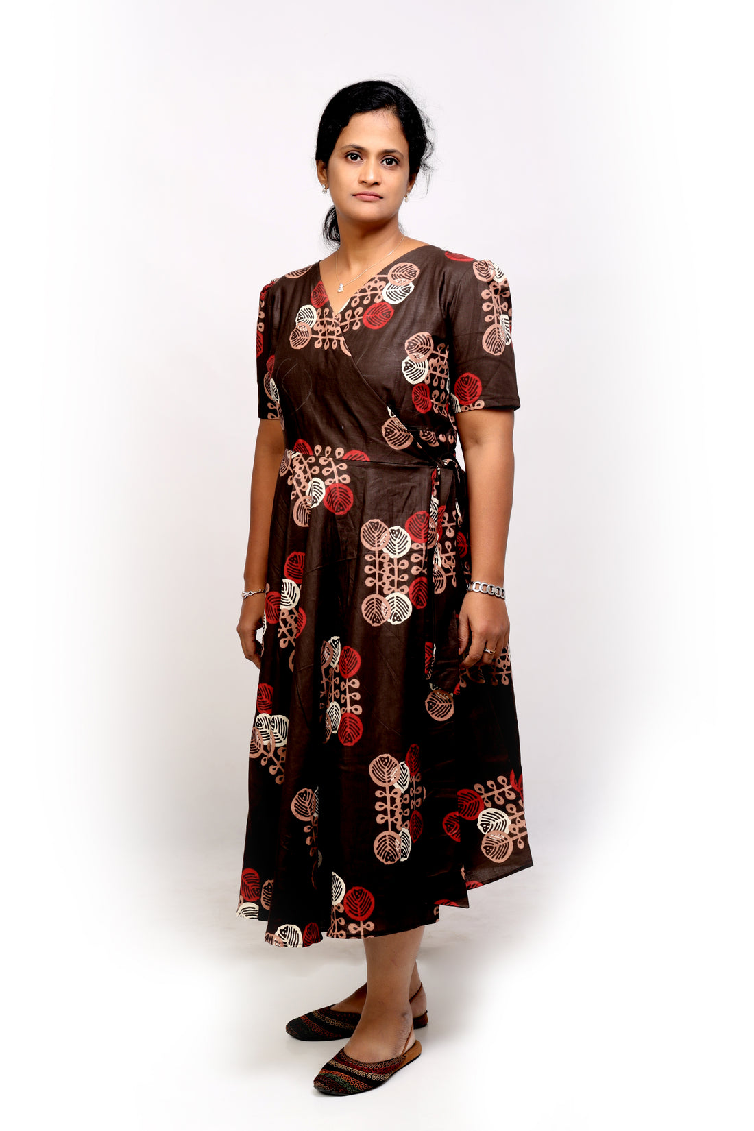 Coffee Brown Printed Wrap Dress