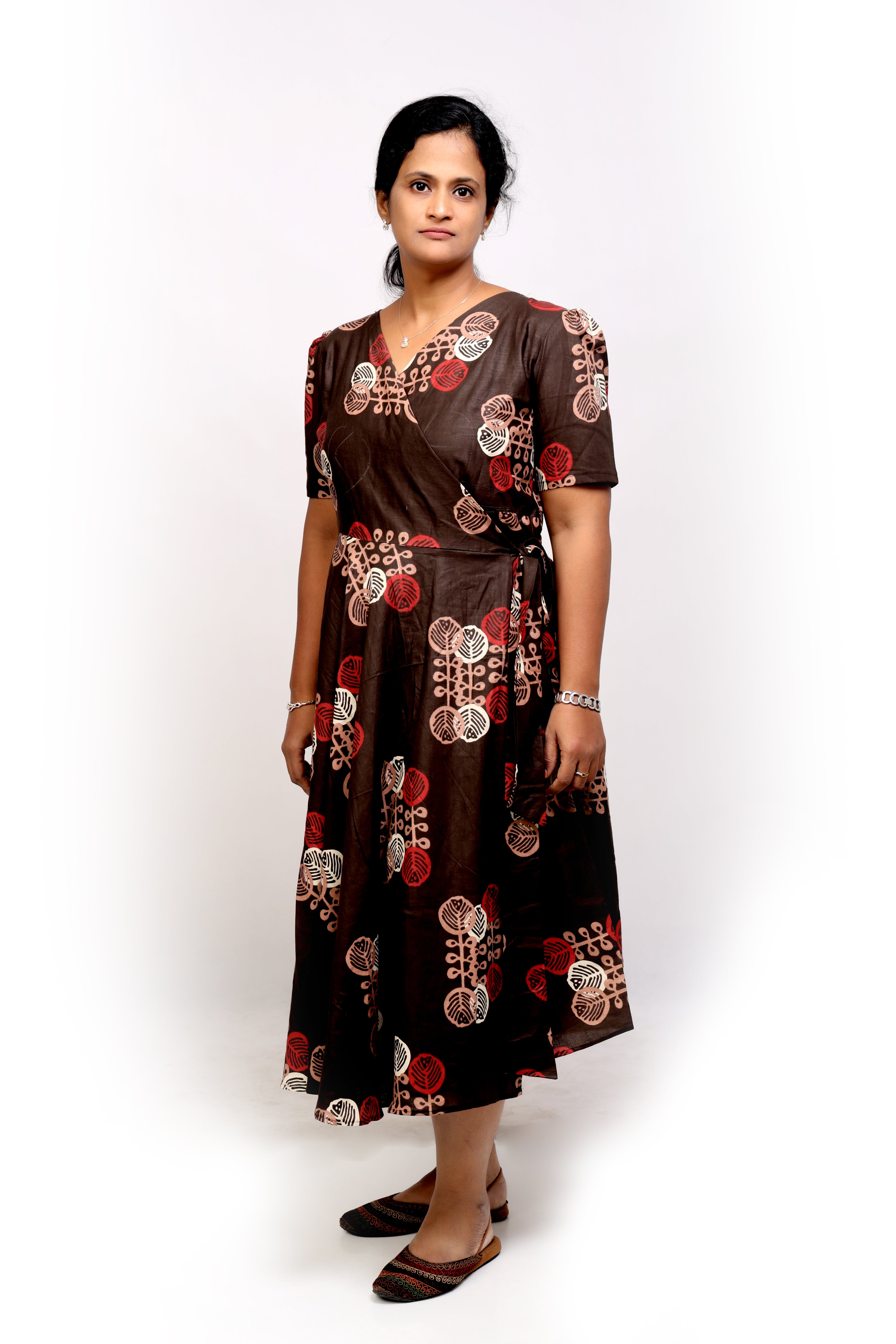 Coffee Brown Printed Wrap Dress
