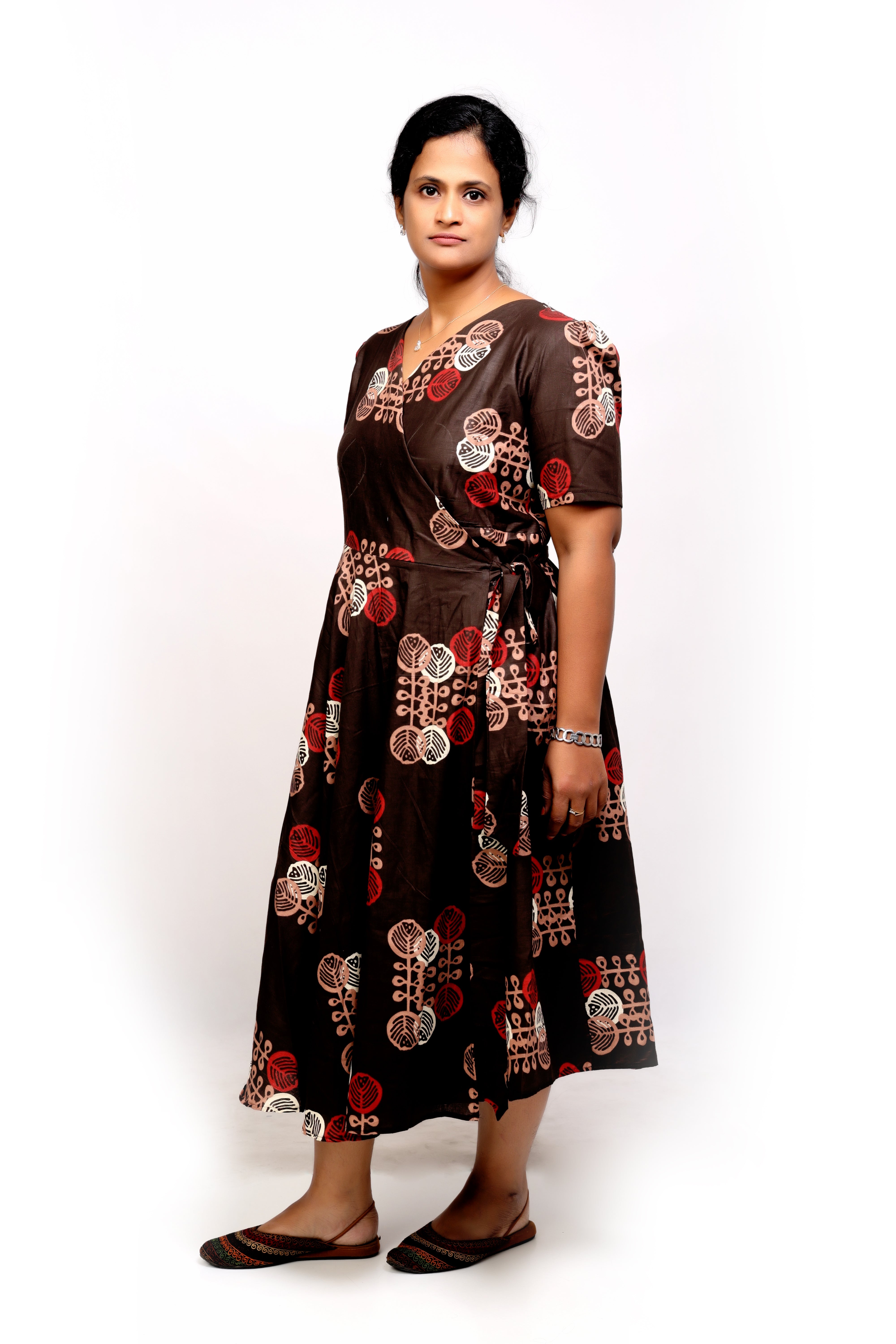 Coffee Brown Printed Wrap Dress