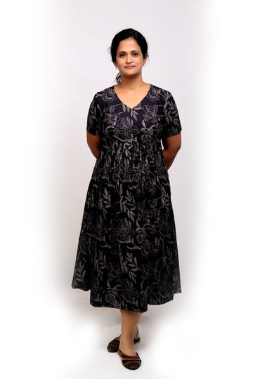 Black Printed Cotton Midi Dress