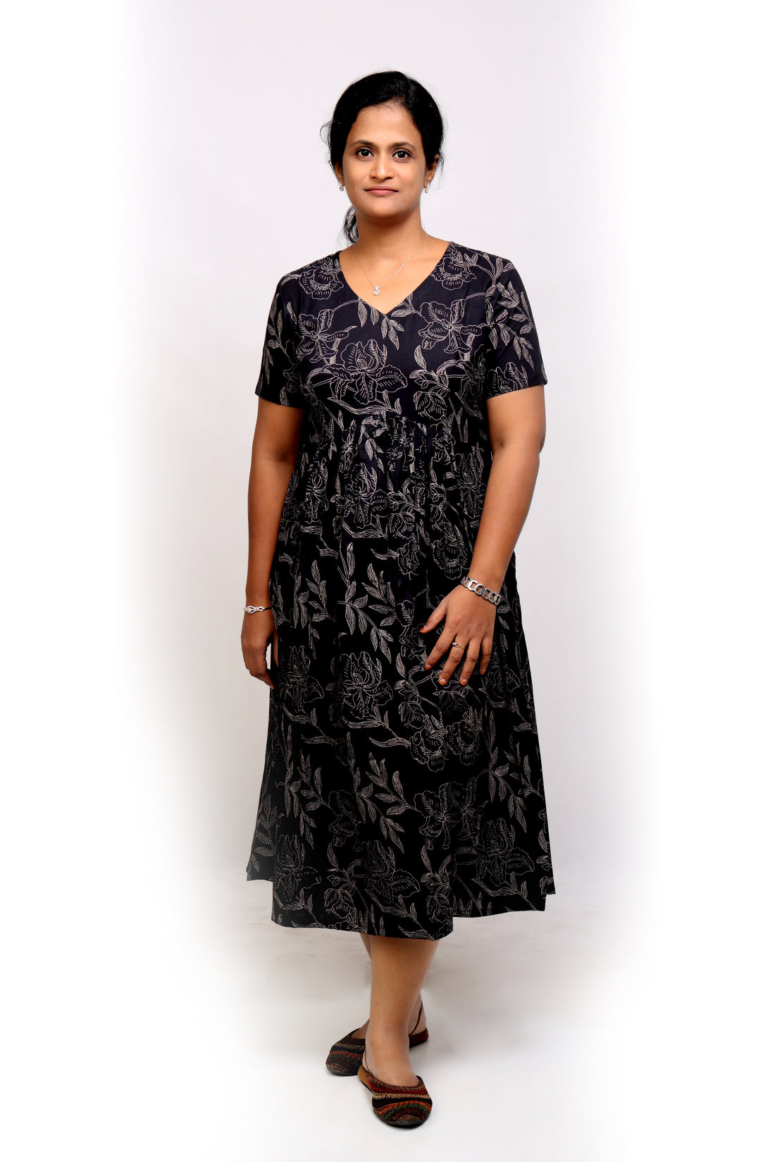 Black Printed Cotton Midi Dress