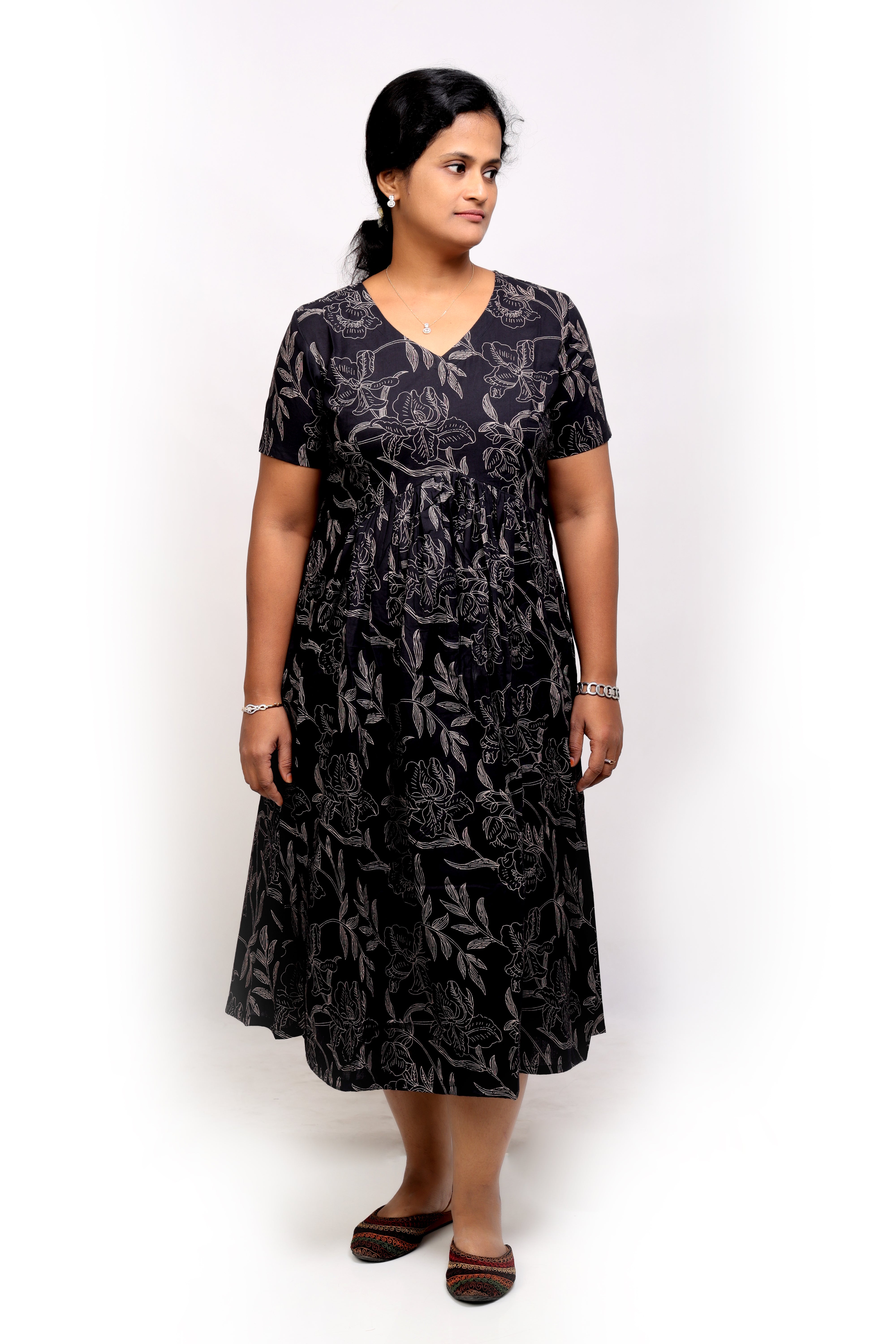 Black Printed Cotton Midi Dress
