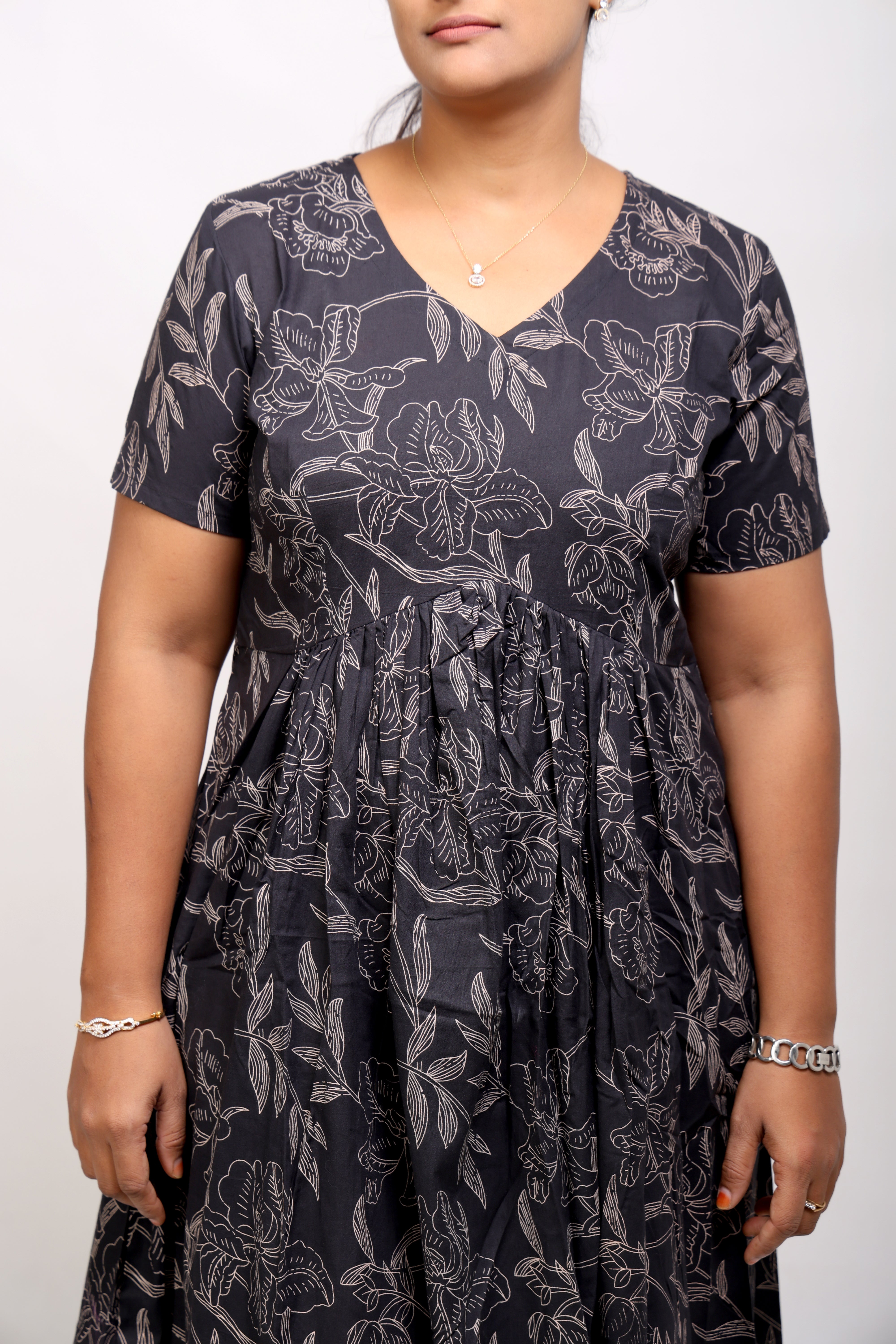 Black Printed Cotton Midi Dress