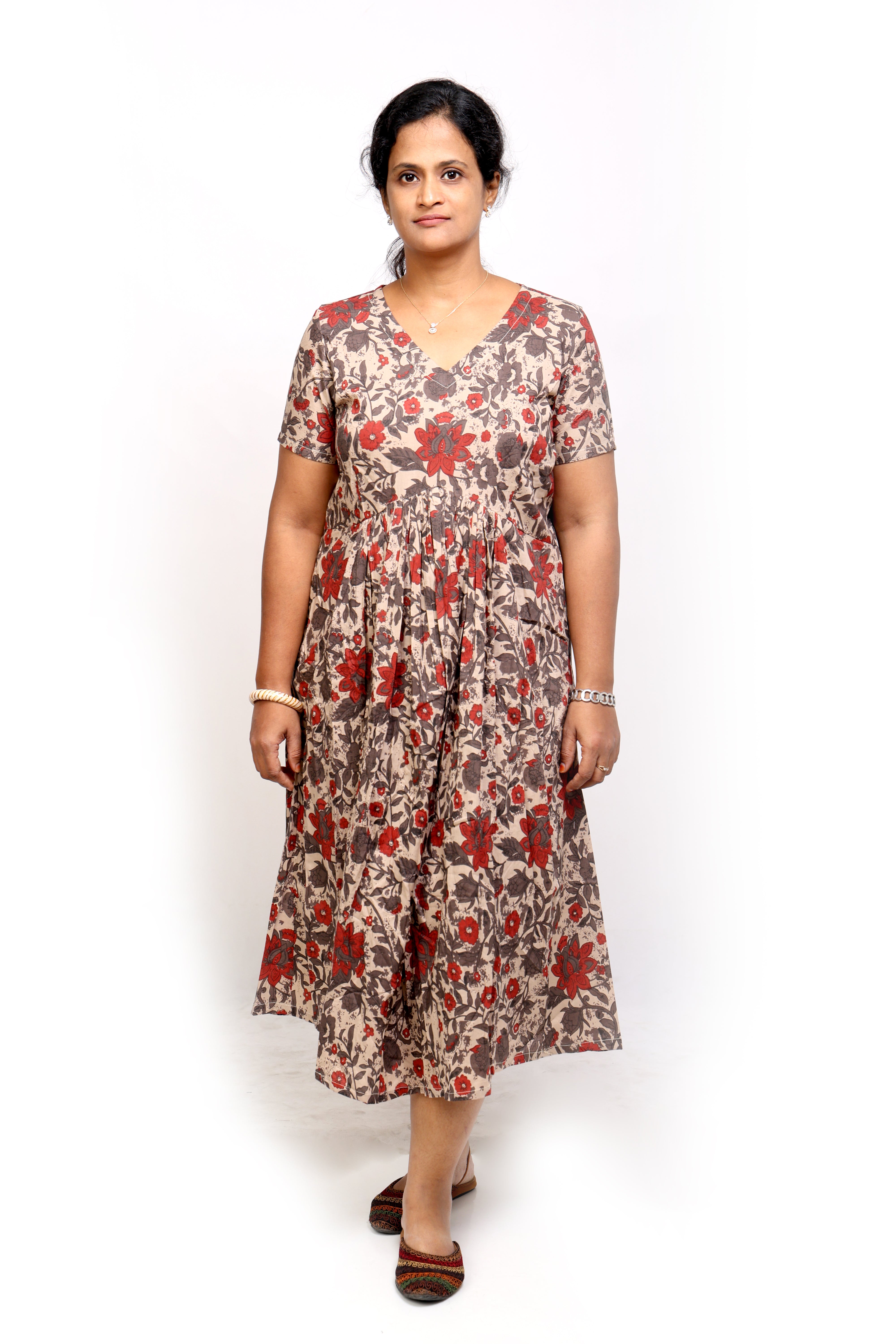 Beige Printed Cotton Midi Dress