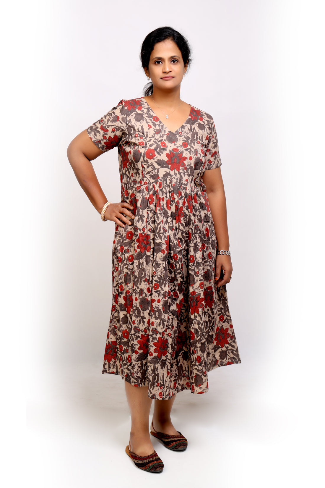 Beige Printed Cotton Midi Dress