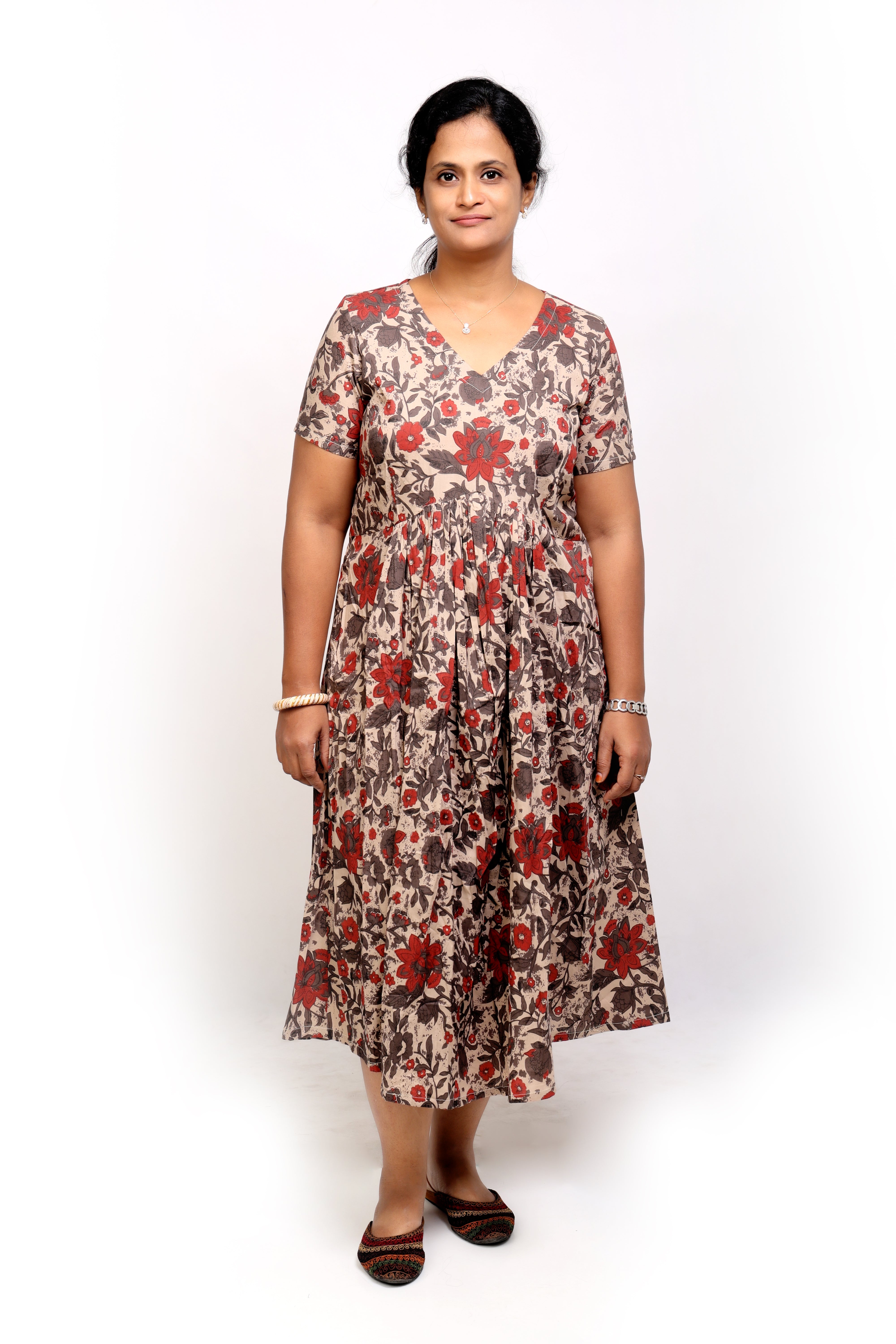 Beige Printed Cotton Midi Dress