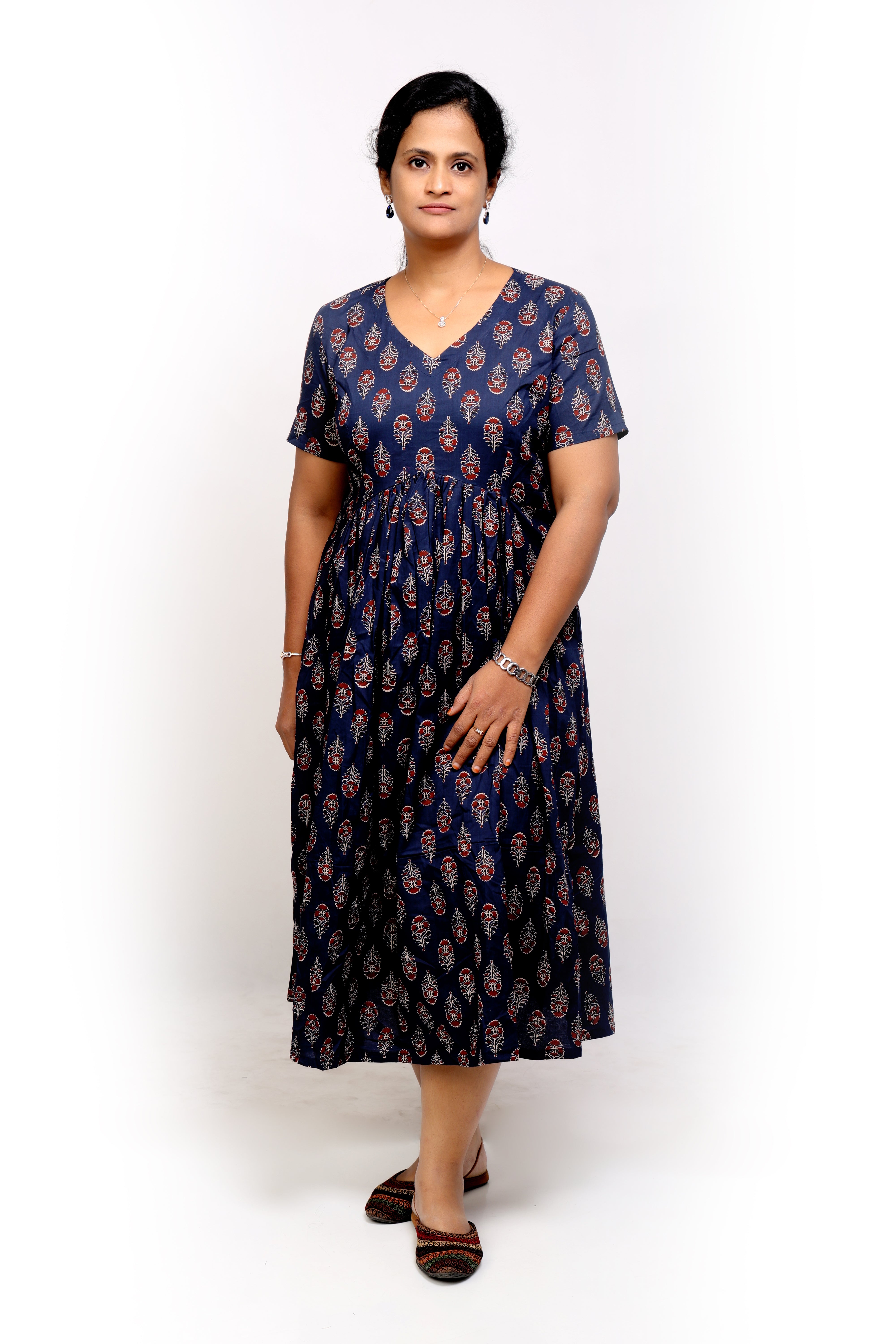 Blue Printed Cotton Midi Dress