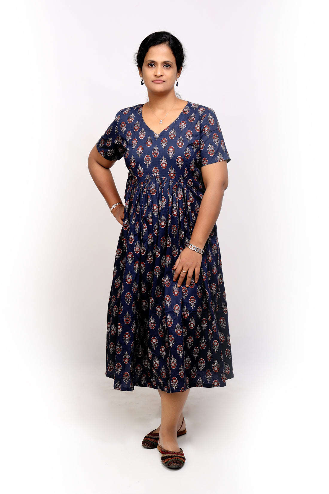 Blue Printed Cotton Midi Dress