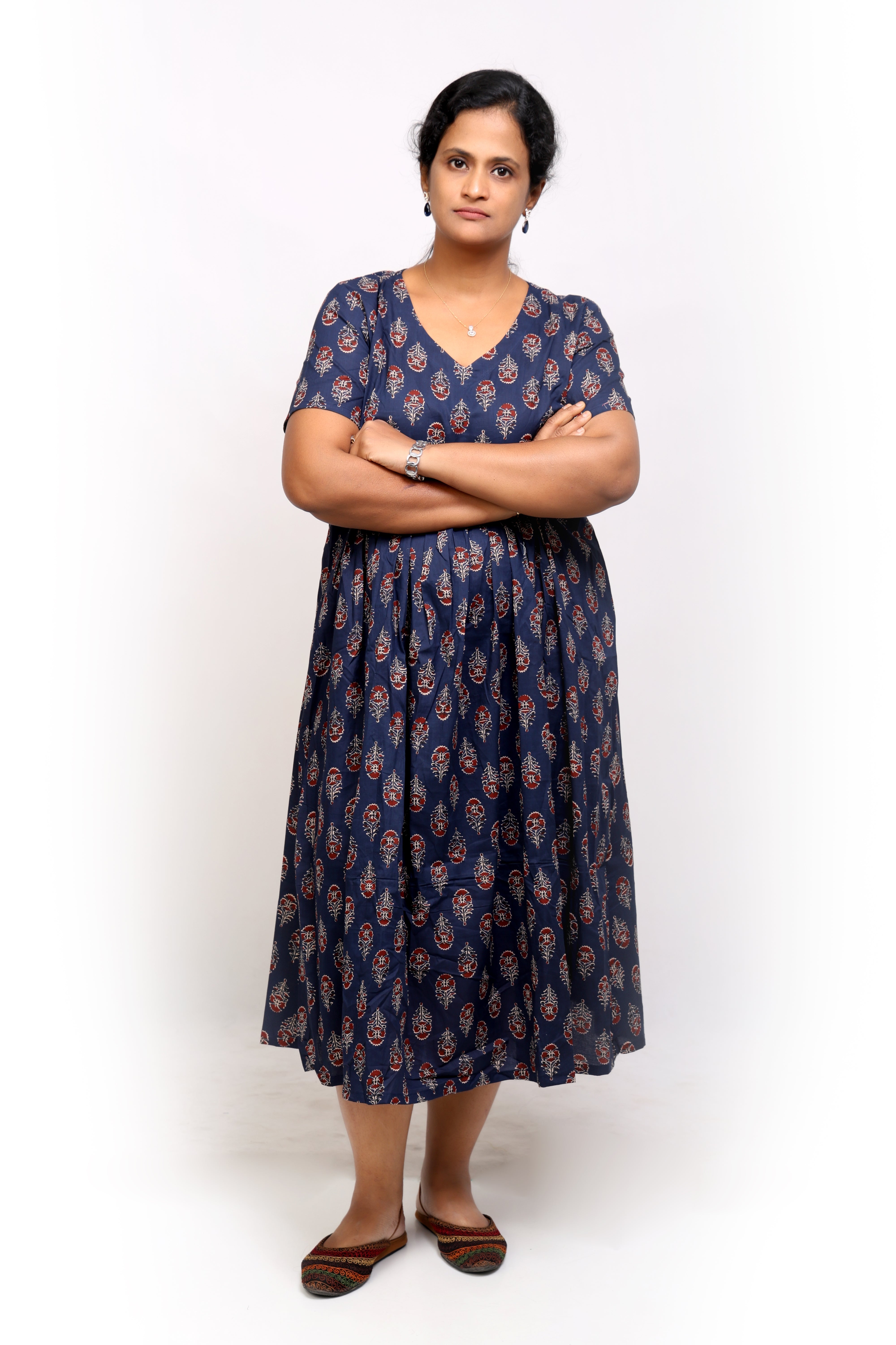 Blue Printed Cotton Midi Dress