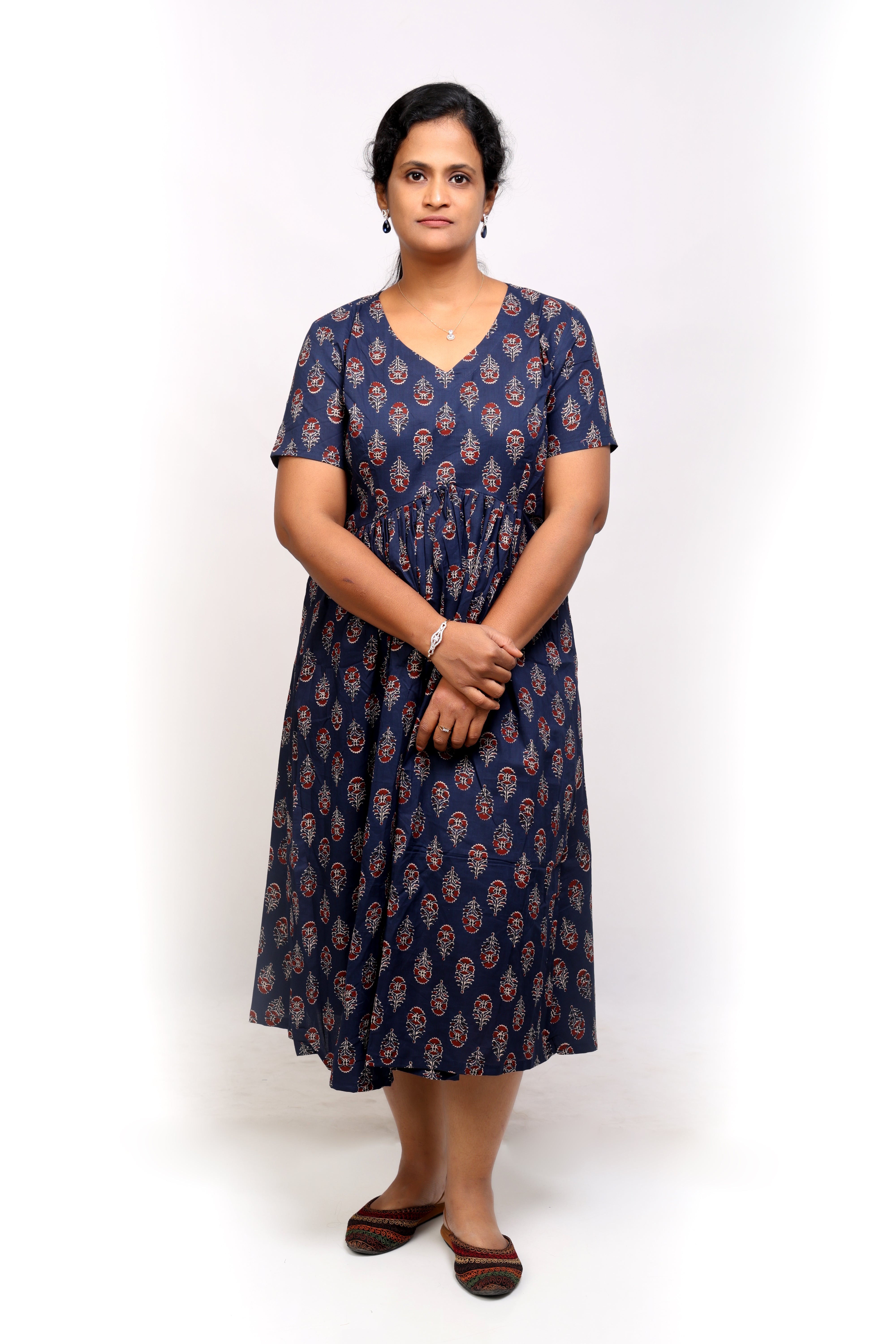 Blue Printed Cotton Midi Dress