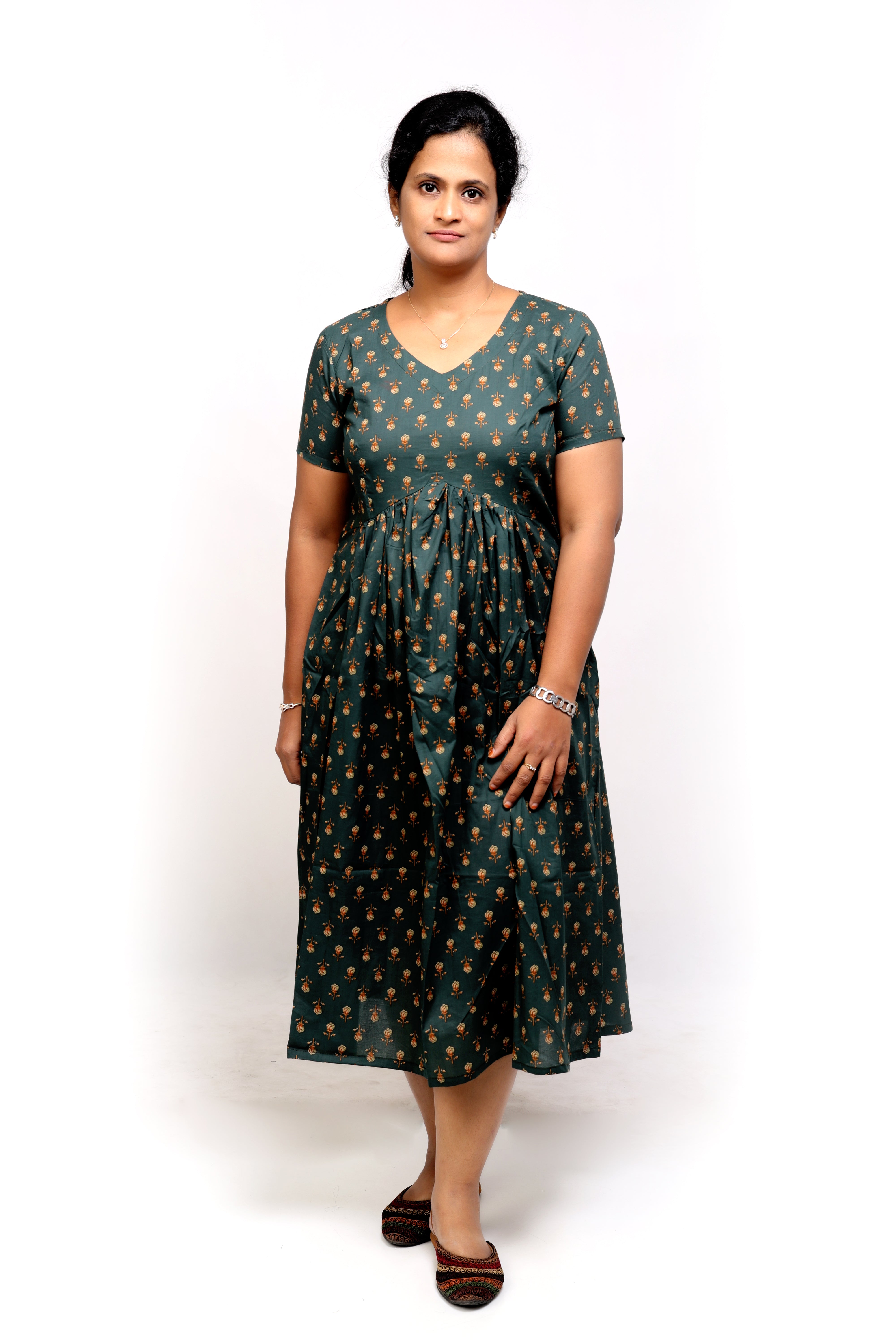 Green Printed Cotton Midi Dress