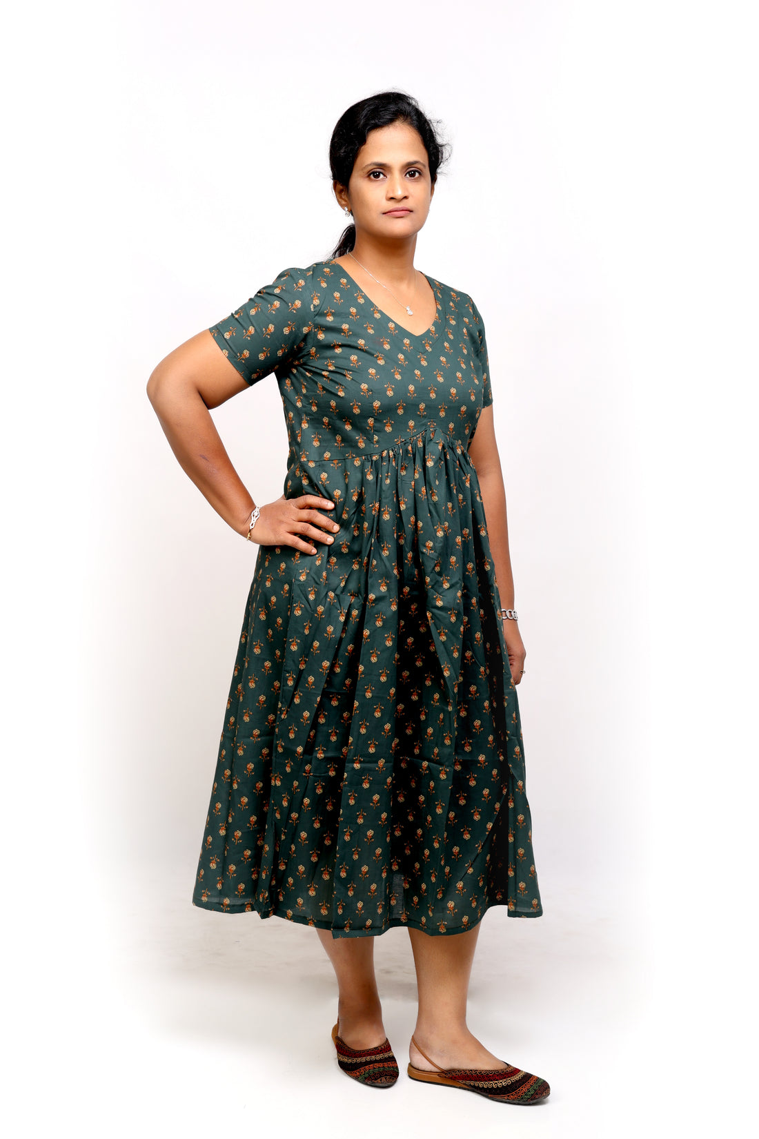Green Printed Cotton Midi Dress