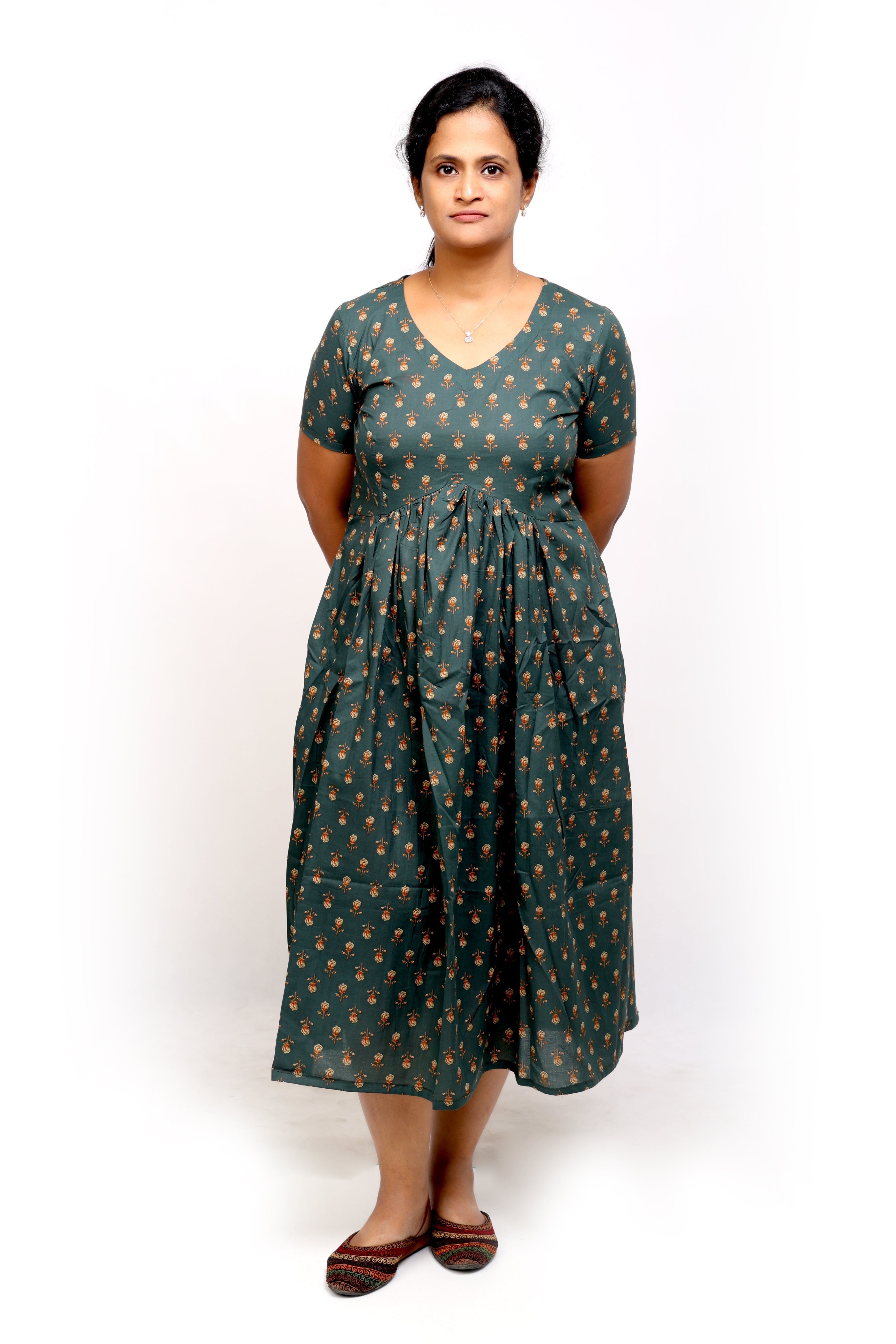 Green Printed Cotton Midi Dress