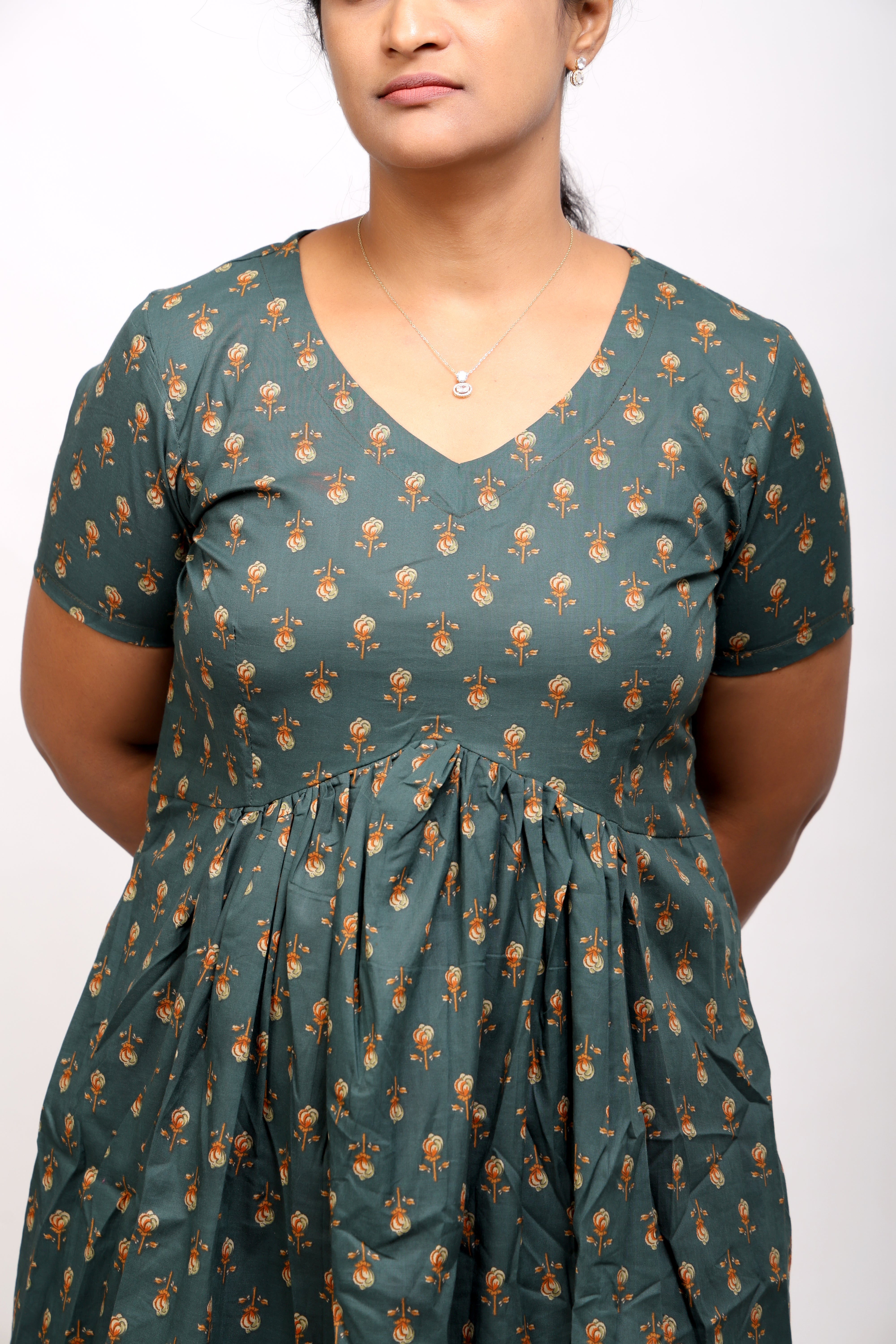 Green Printed Cotton Midi Dress