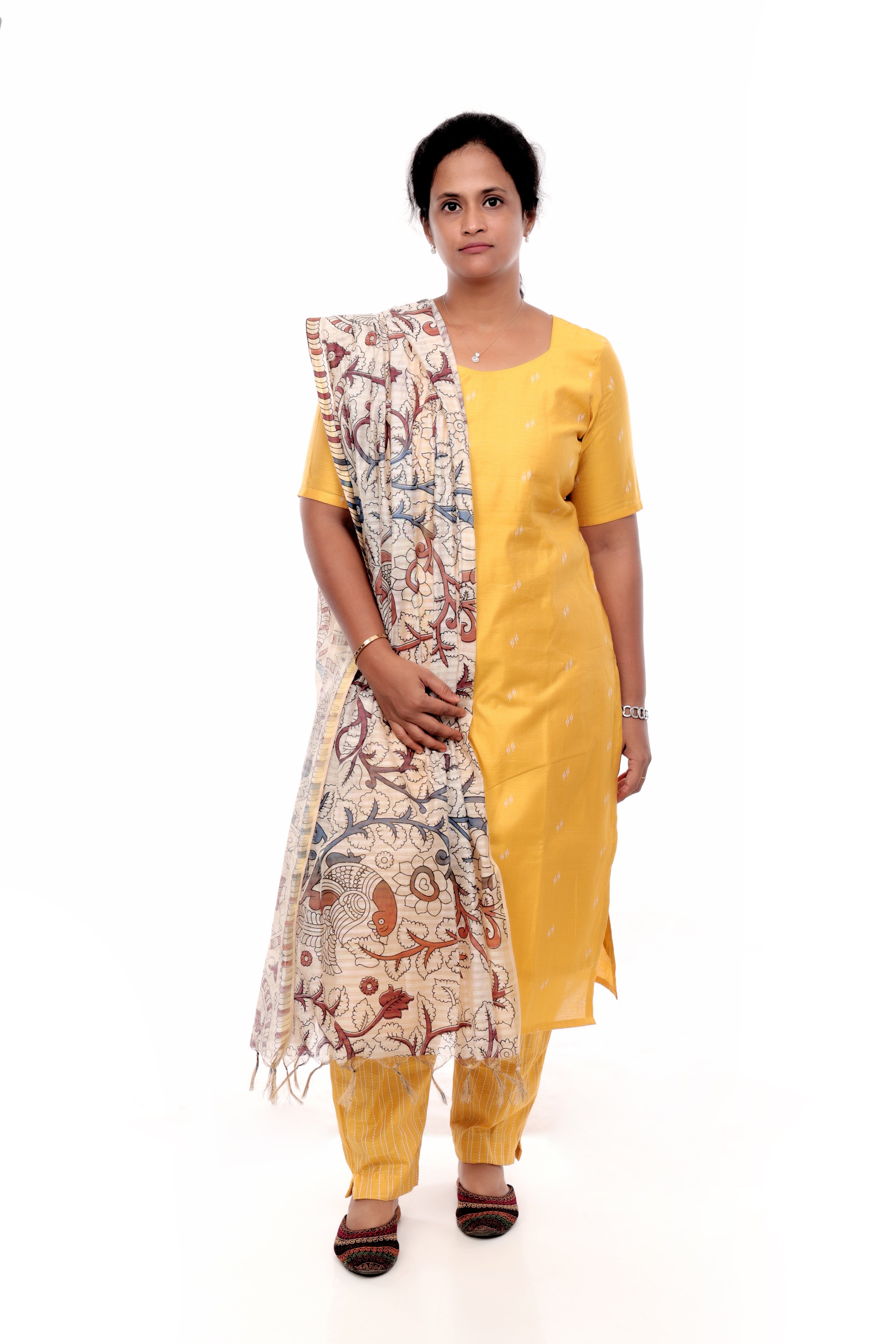 Yellow Cotton Slub Salwar Set with Kalamkari Dupatta