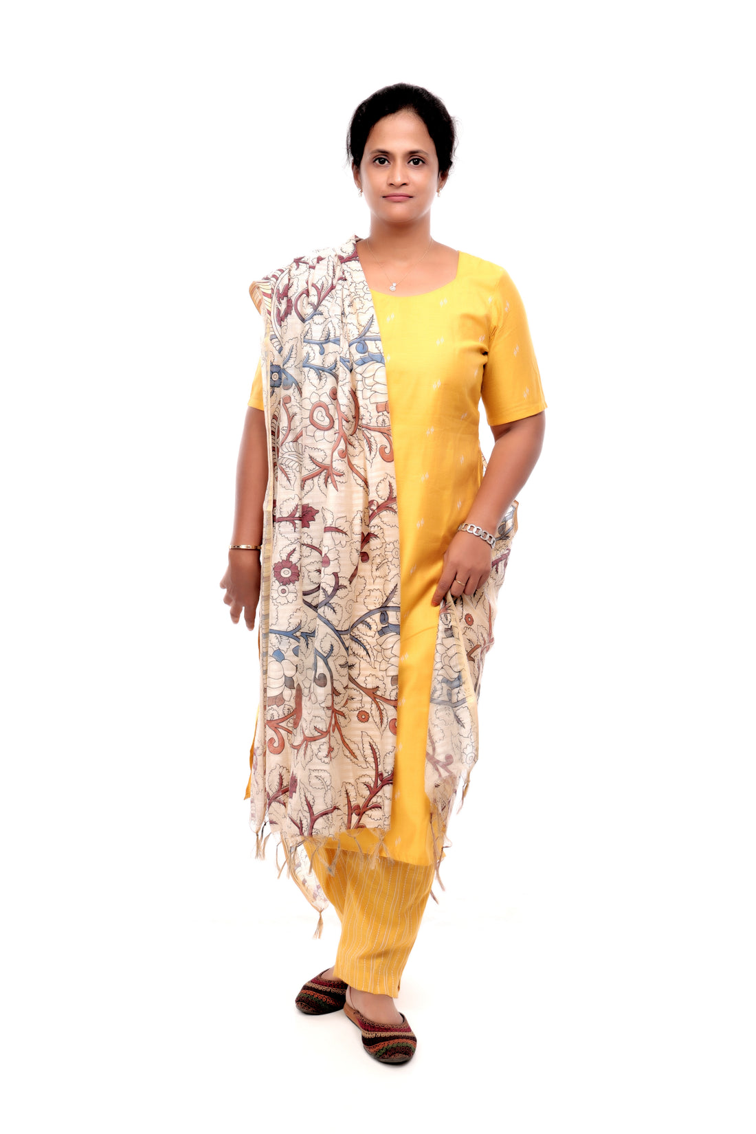 Yellow Cotton Slub Salwar Set with Kalamkari Dupatta