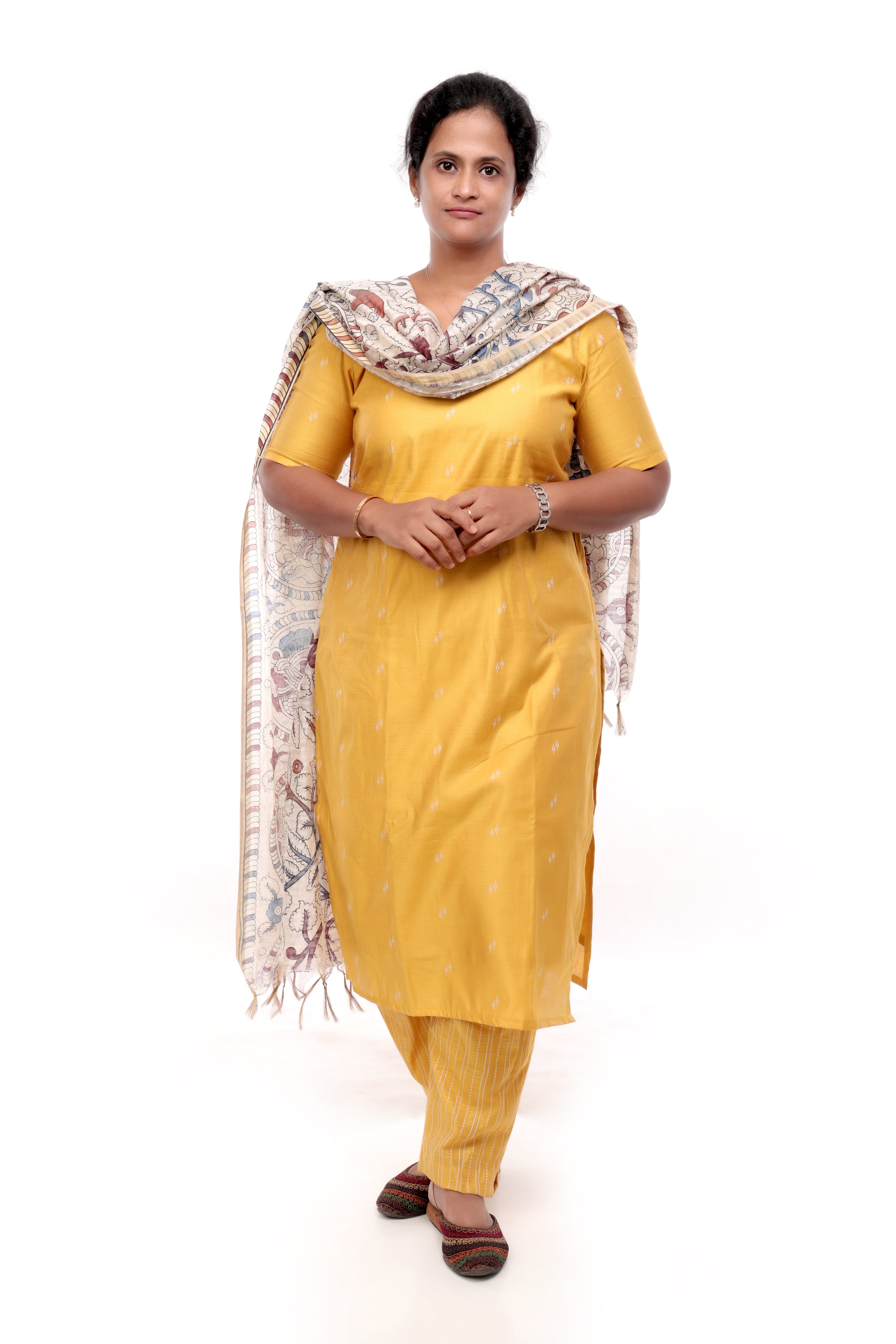 Yellow Cotton Slub Salwar Set with Kalamkari Dupatta