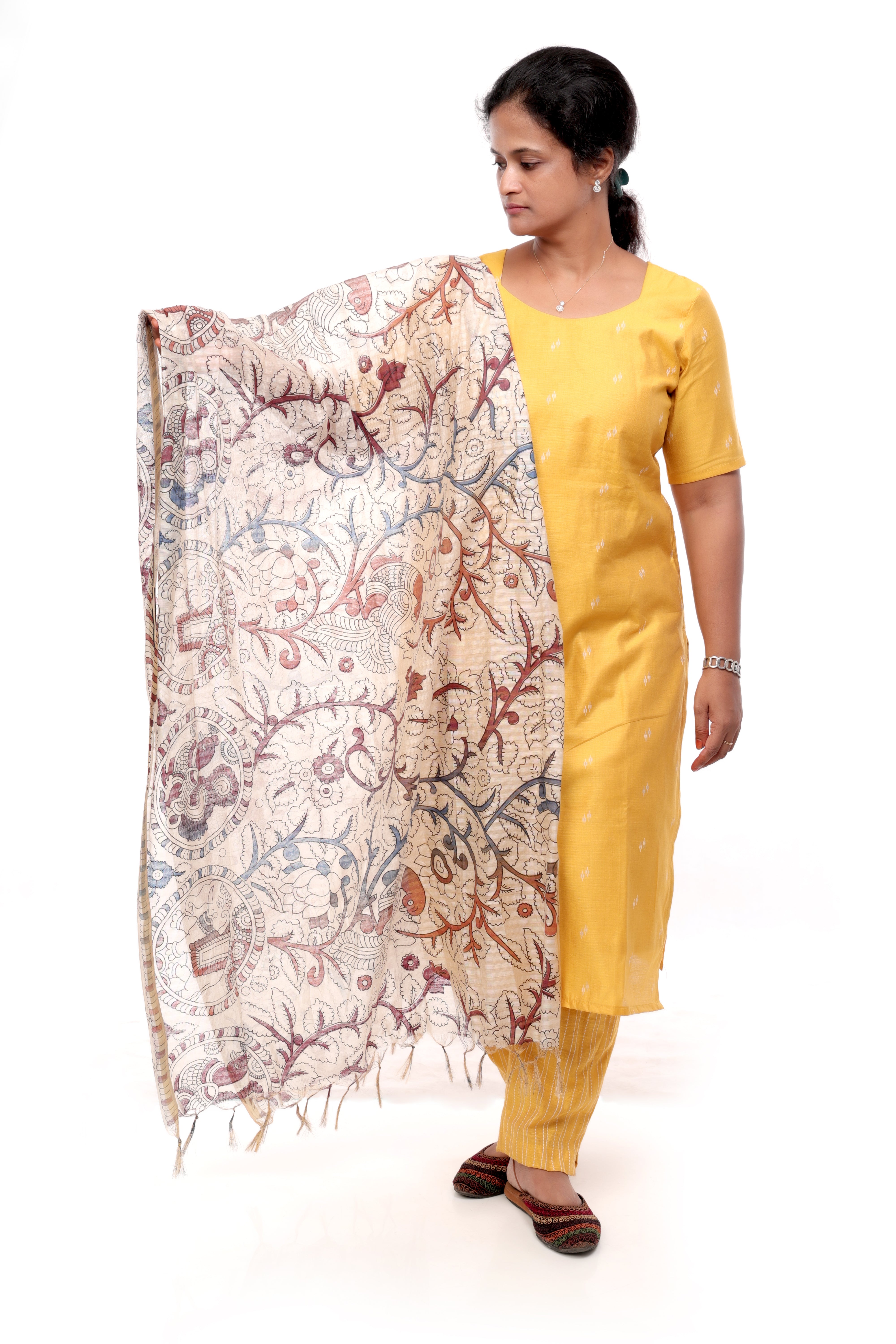 Yellow Cotton Slub Salwar Set with Kalamkari Dupatta