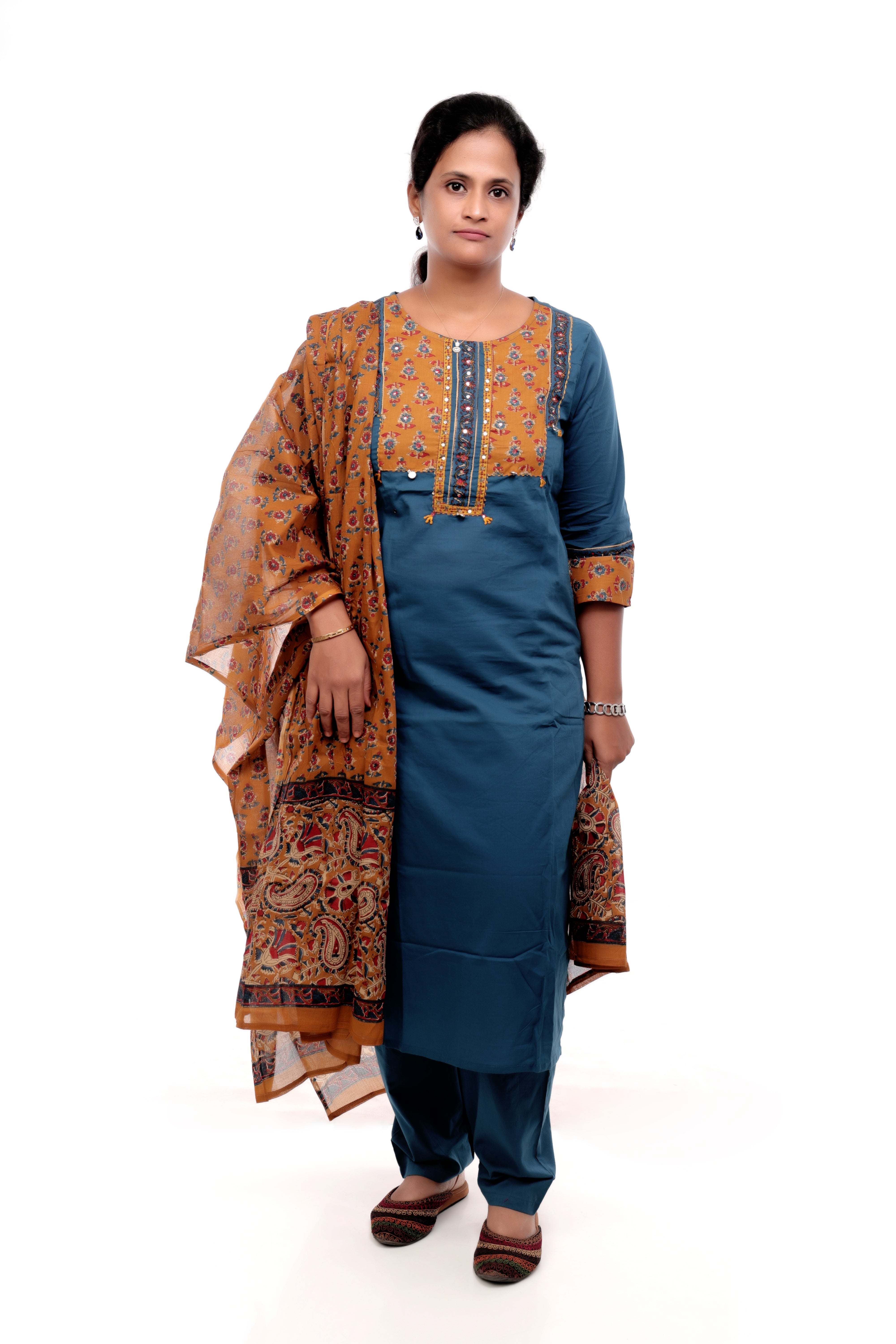 Teal Blue and Mustard Cotton Salwar Set with Printed Dupatta