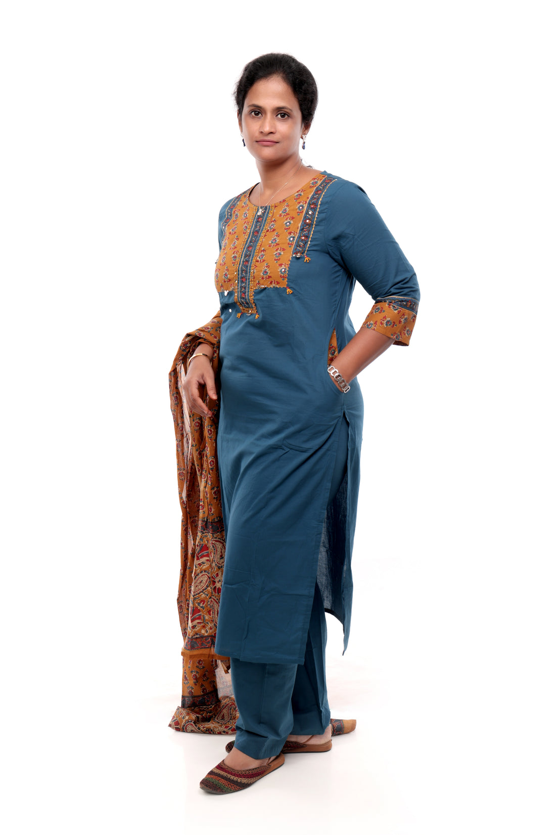 Teal Blue and Mustard Cotton Salwar Set with Printed Dupatta