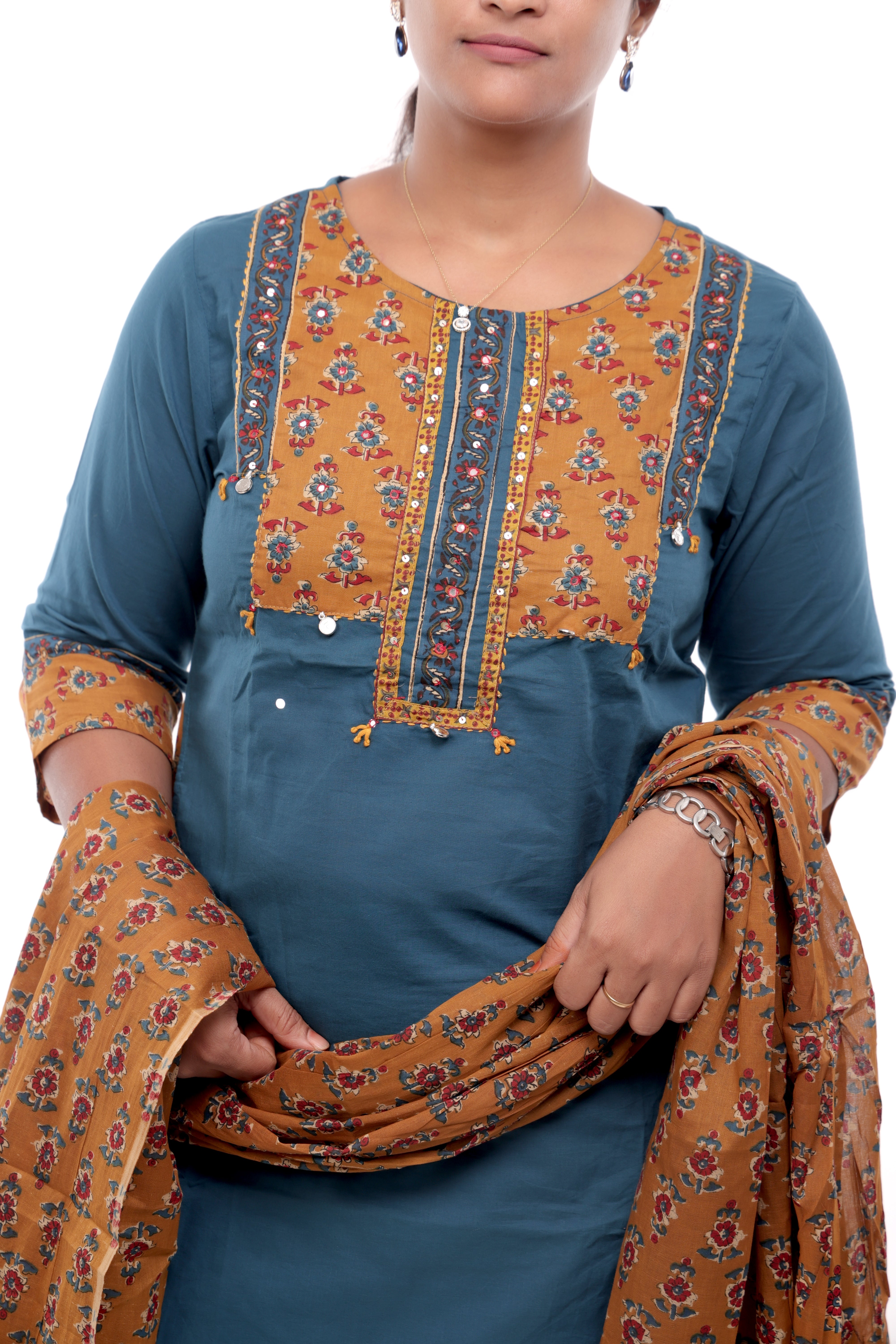 Teal Blue and Mustard Cotton Salwar Set with Printed Dupatta