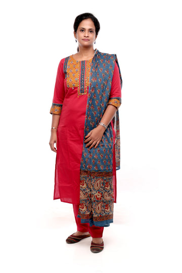 Red and Blue Cotton Salwar Set with Printed Dupatta