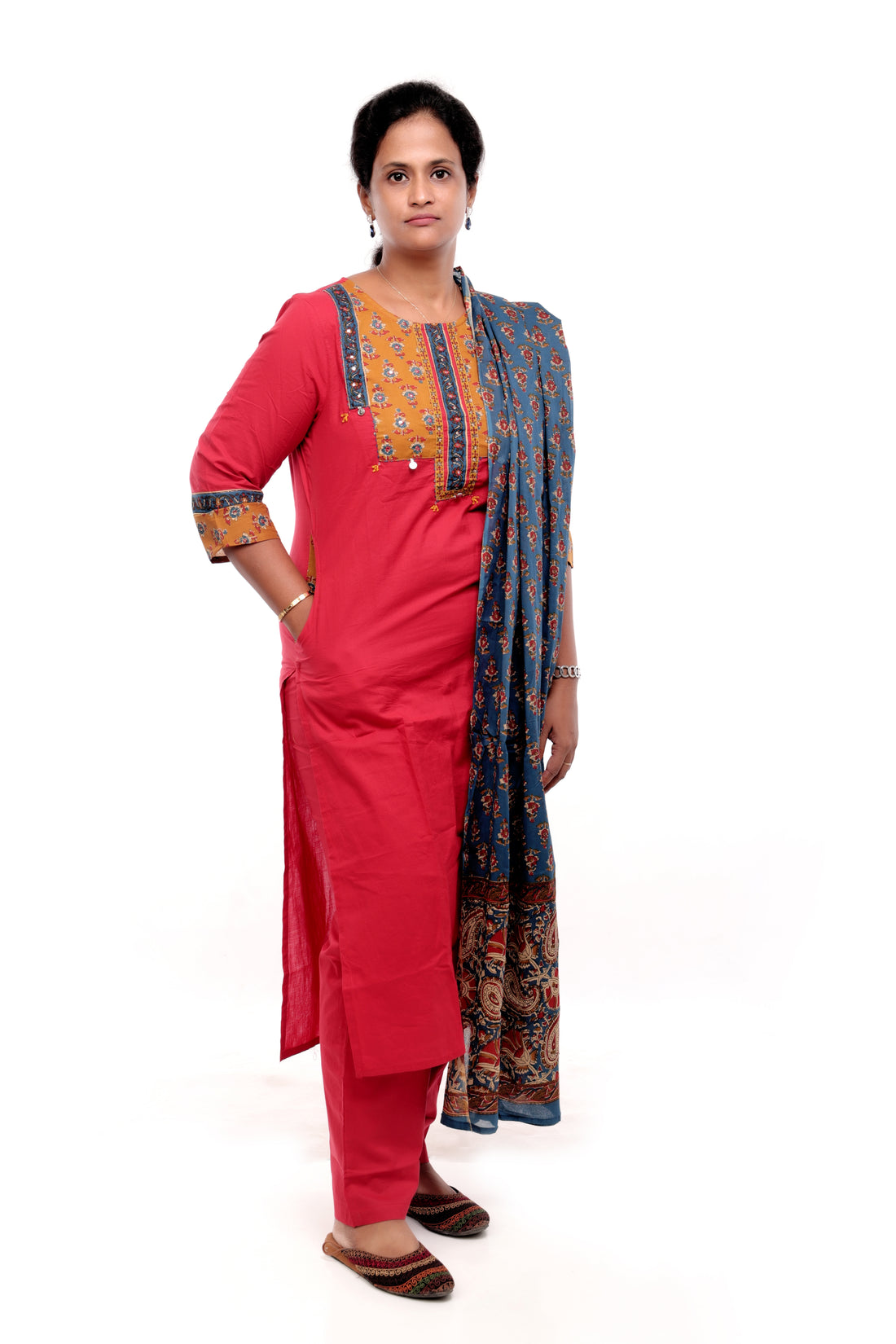 Red and Blue Cotton Salwar Set with Printed Dupatta