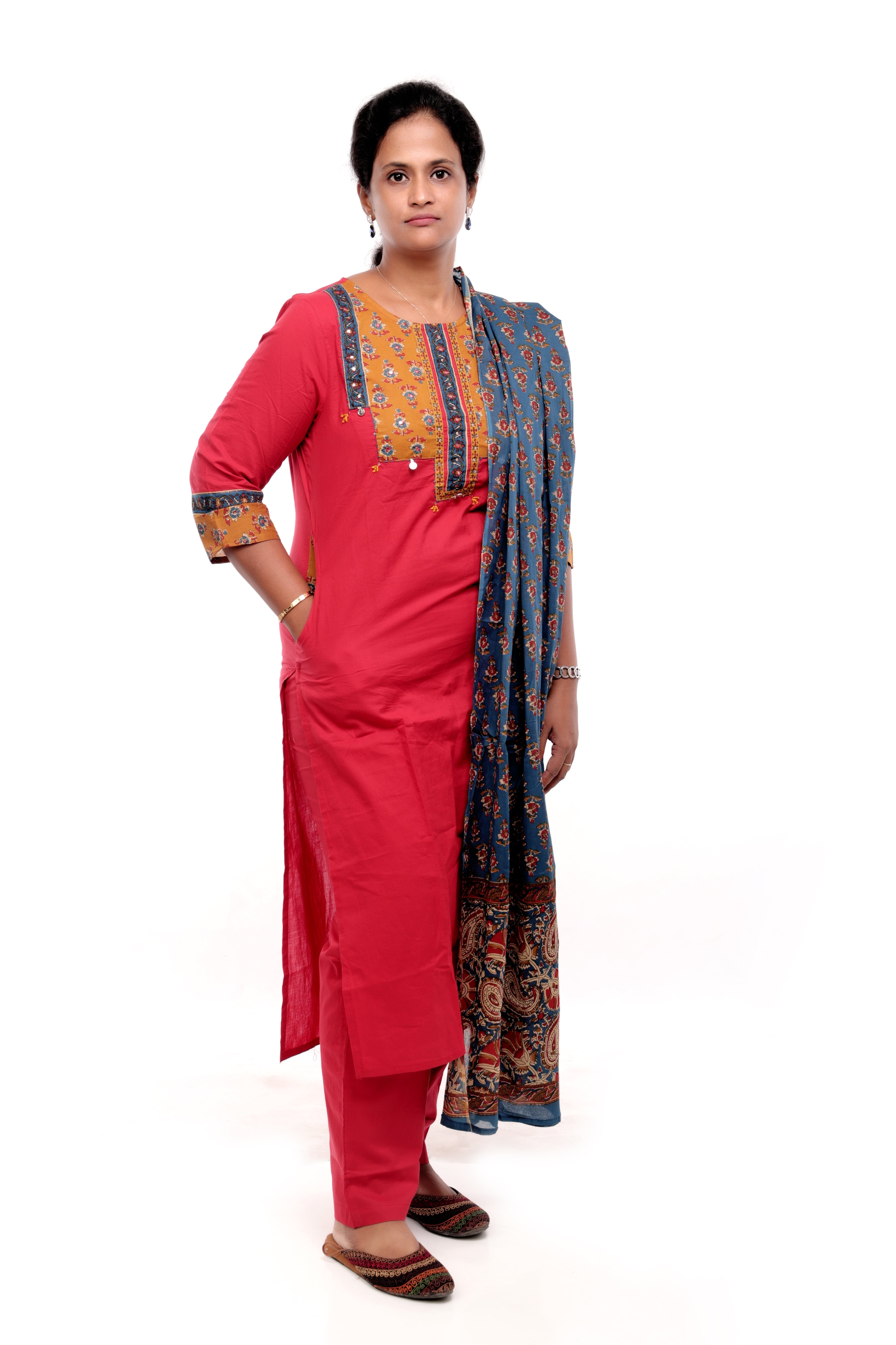 Red and Blue Cotton Salwar Set with Printed Dupatta