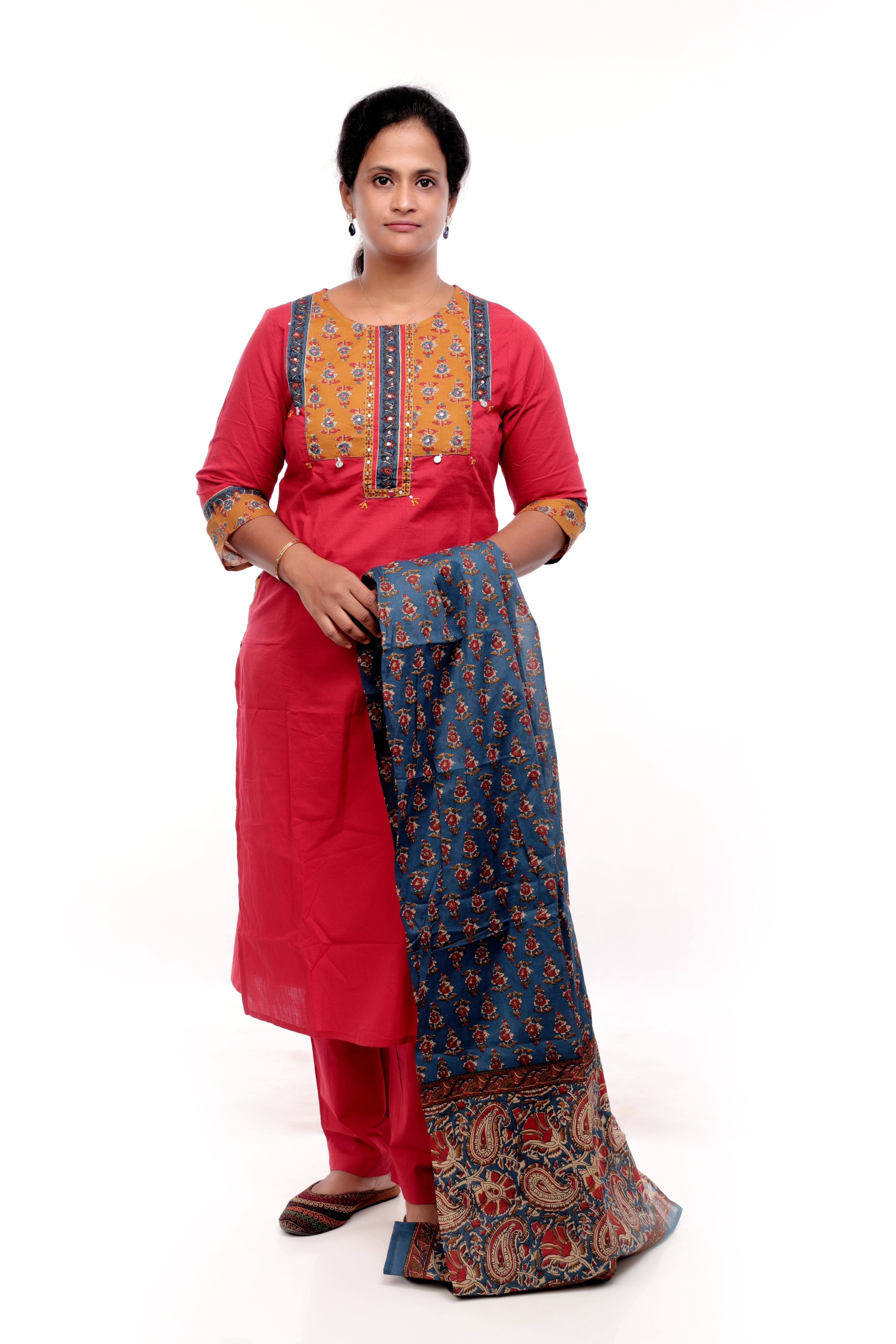 Red and Blue Cotton Salwar Set with Printed Dupatta