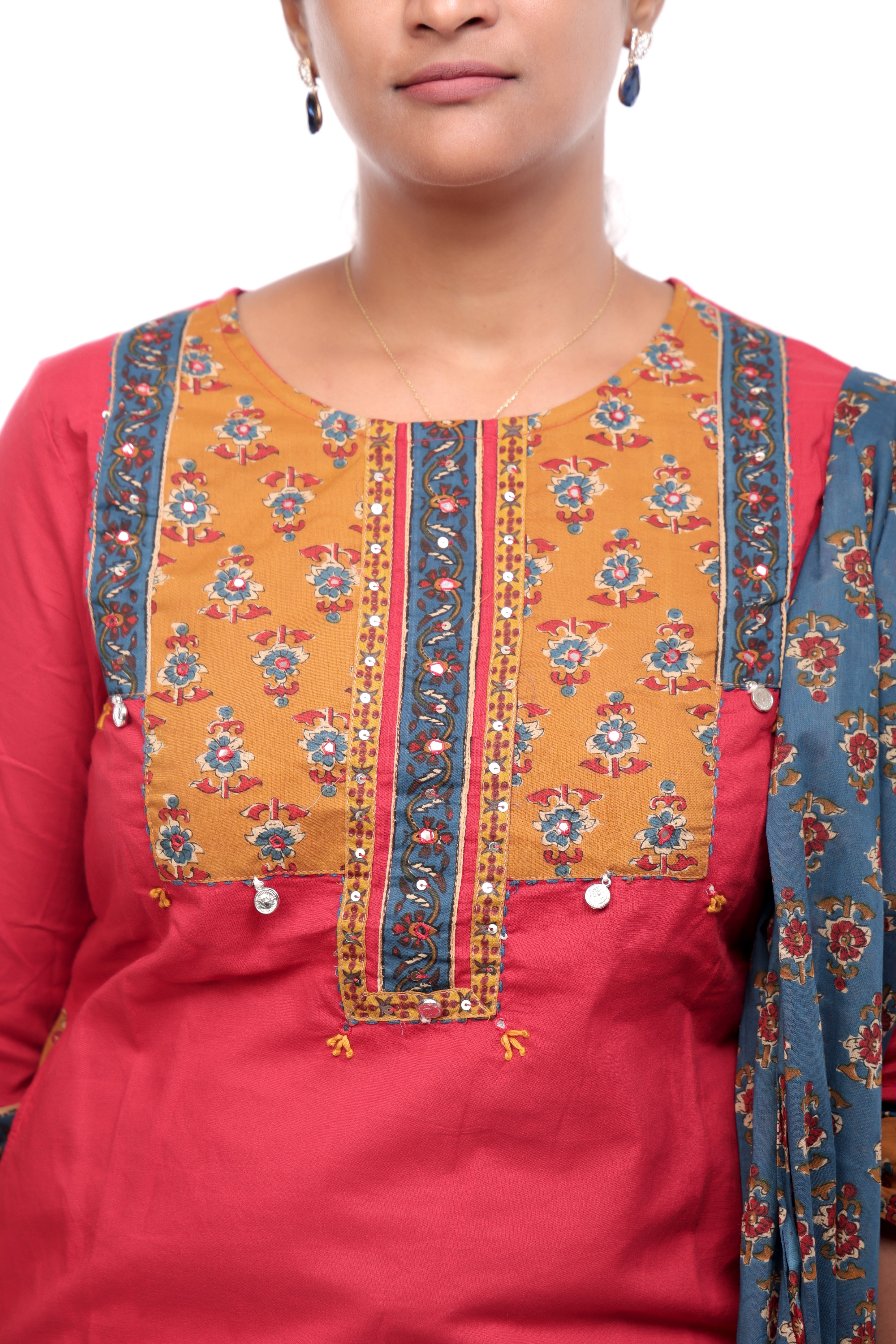 Red and Blue Cotton Salwar Set with Printed Dupatta