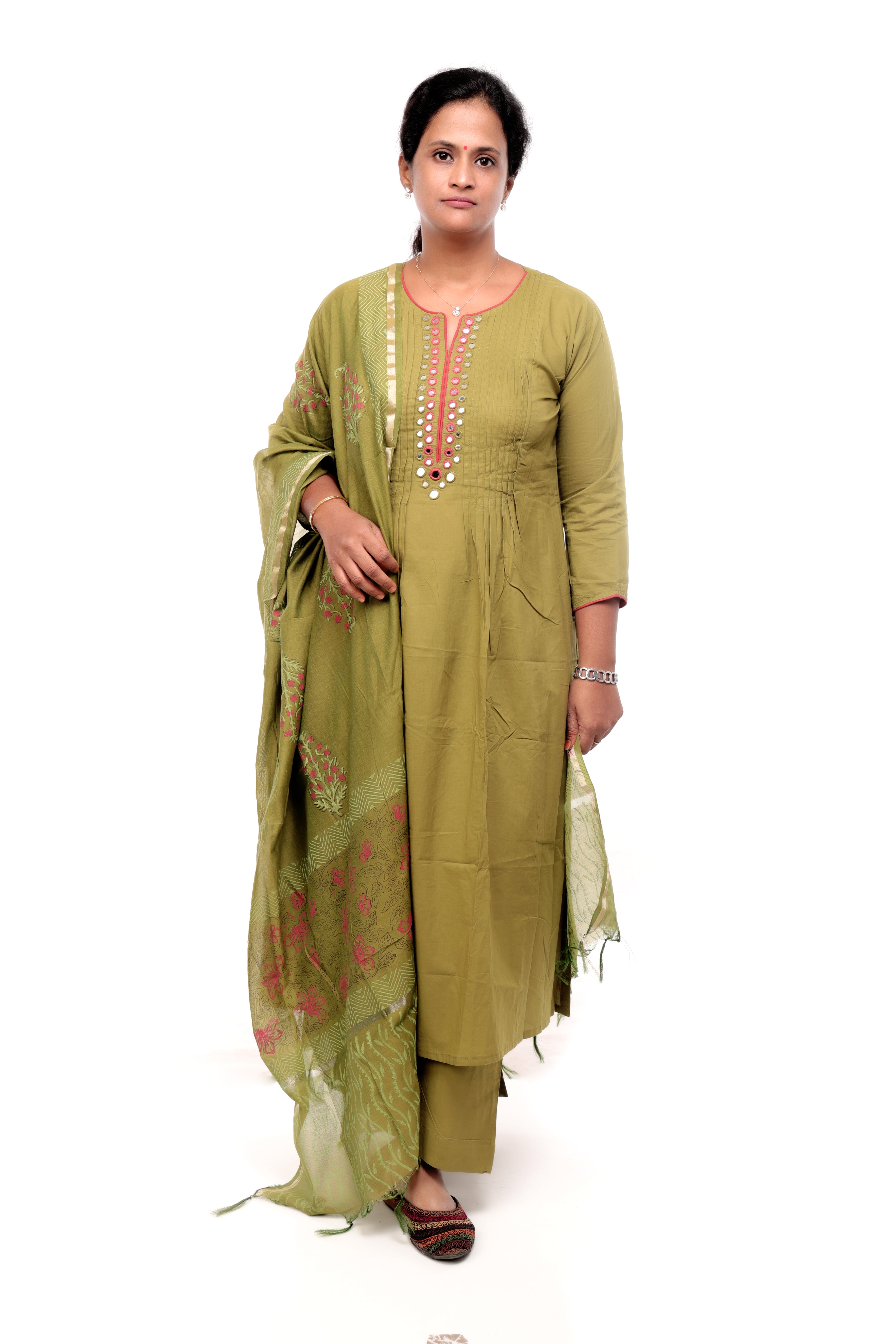 Green Cotton Salwar Set with printed Dupatta