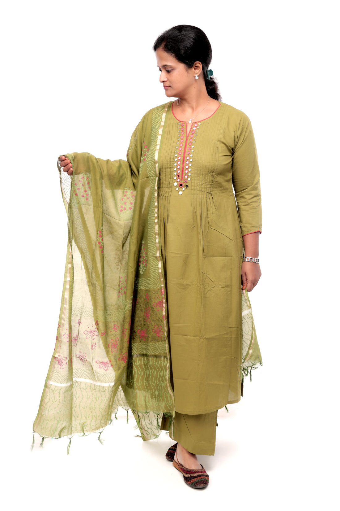 Green Cotton Salwar Set with printed Dupatta