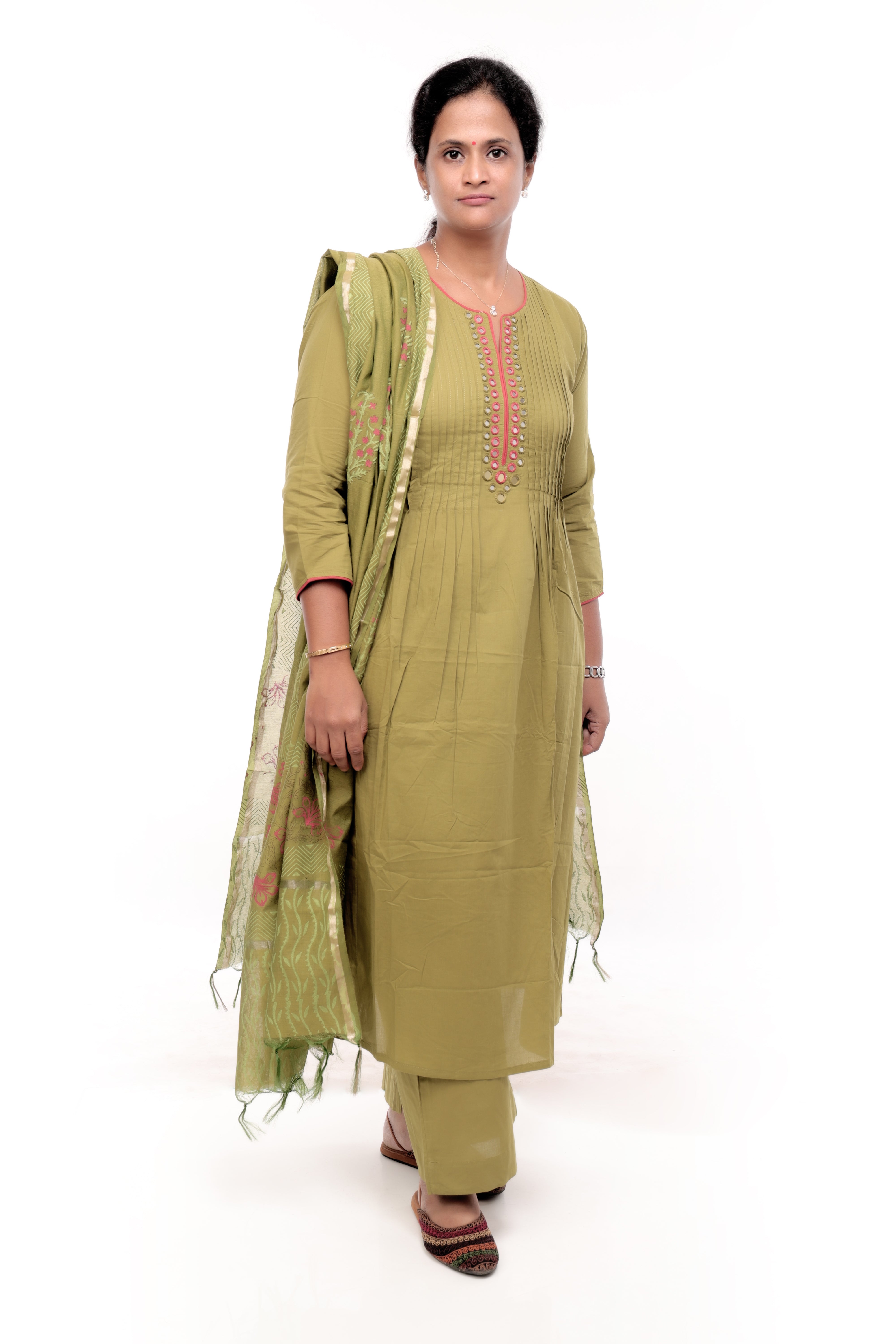 Green Cotton Salwar Set with printed Dupatta