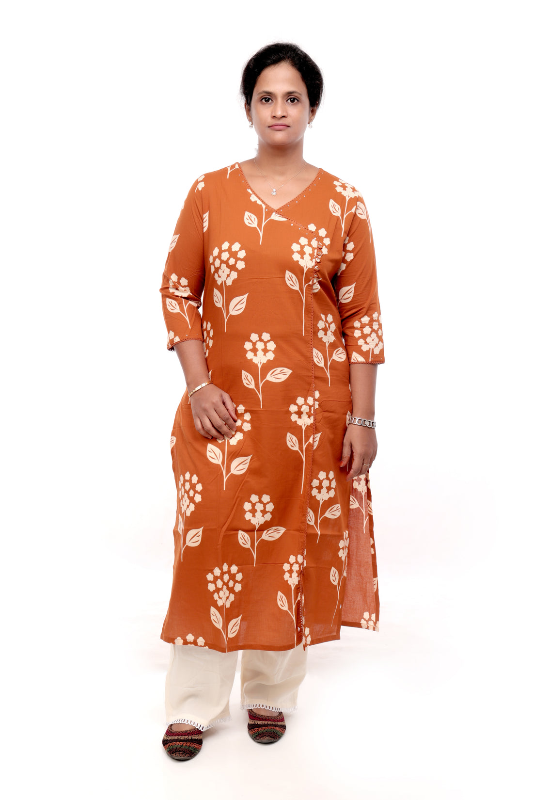 Rust floral printed cotton kurta