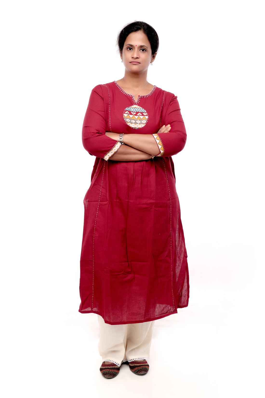 Maroon Cotton Patchwork Kurta