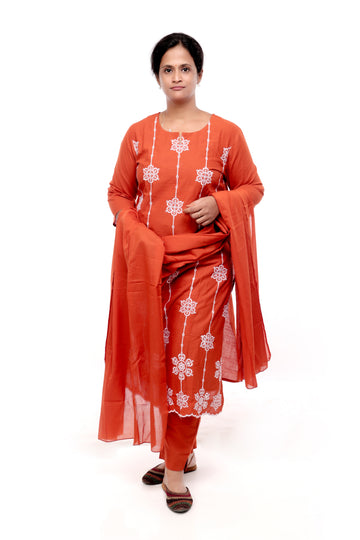Rust Embroidered Cotton Salwar Set
