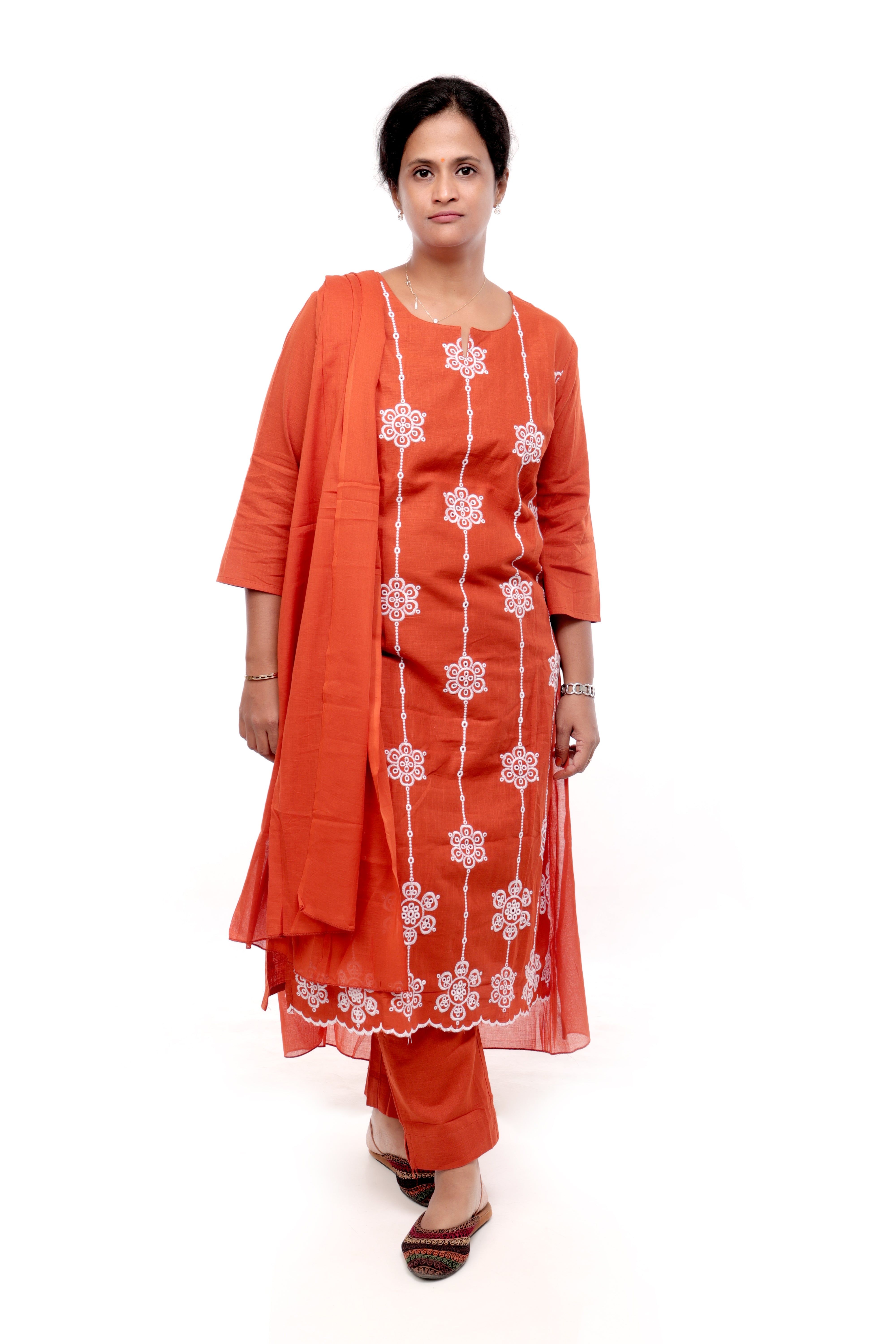 Rust Embroidered Cotton Salwar Set