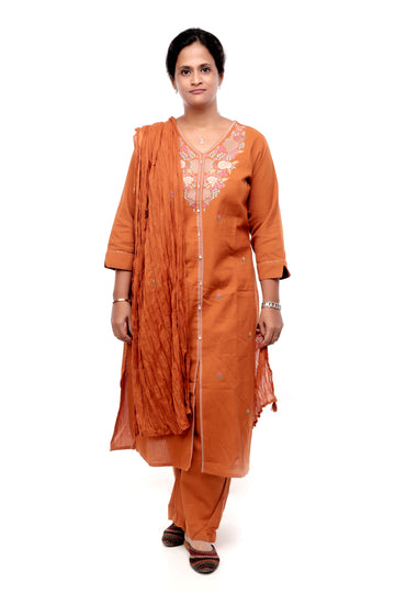 Rust Orange Cotton Embroidered Salwar Set