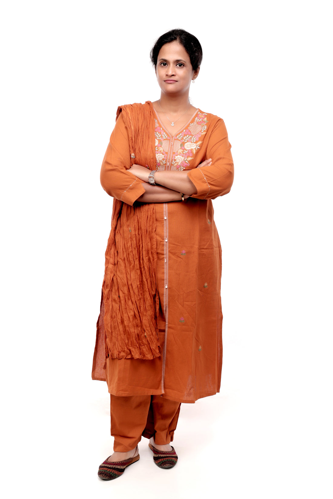 Rust Orange Cotton Embroidered Salwar Set