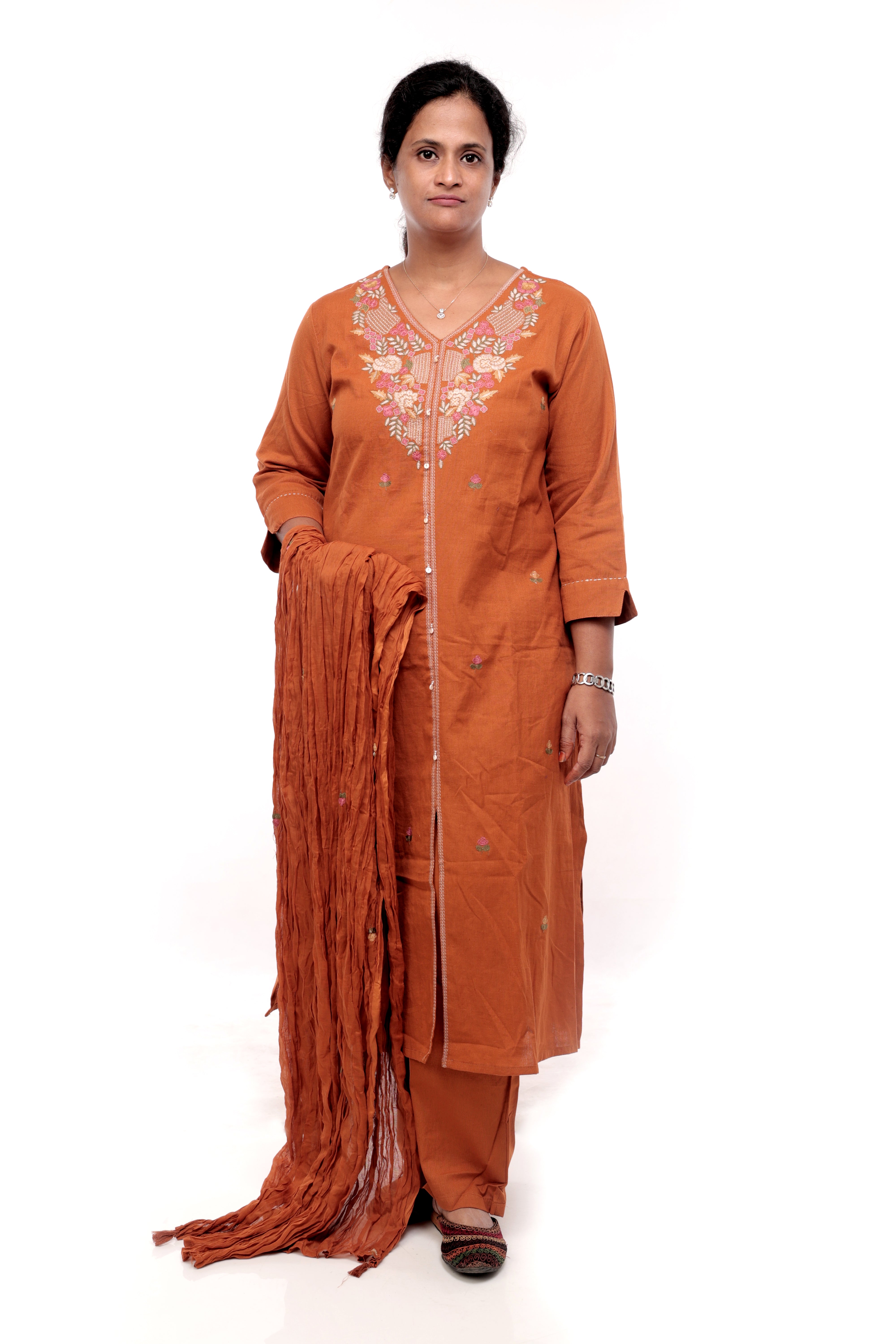 Rust Orange Cotton Embroidered Salwar Set